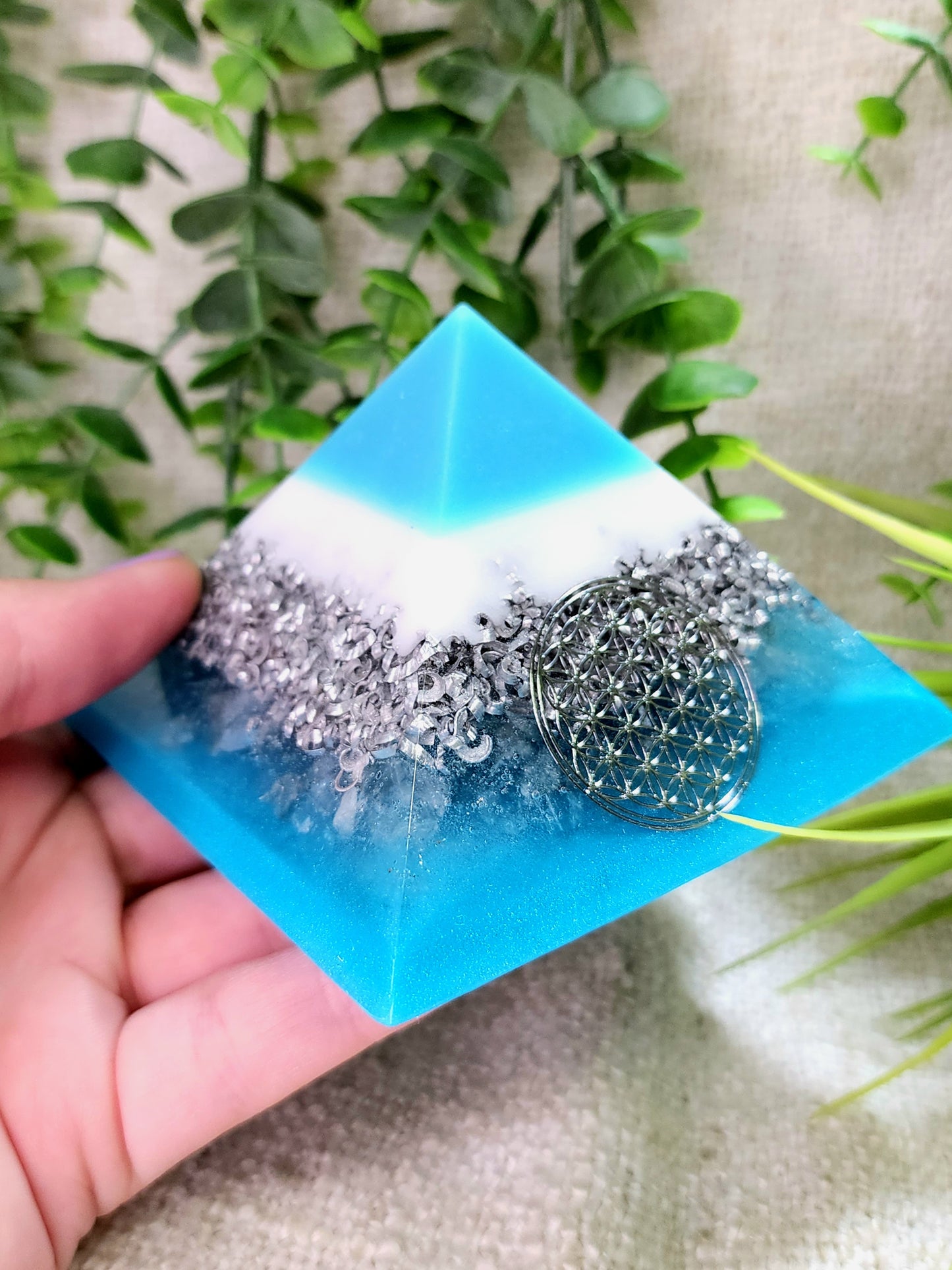 CYAN - Orgonite Pyramid - EMF Protector - White Quartz and Aluminum Metal