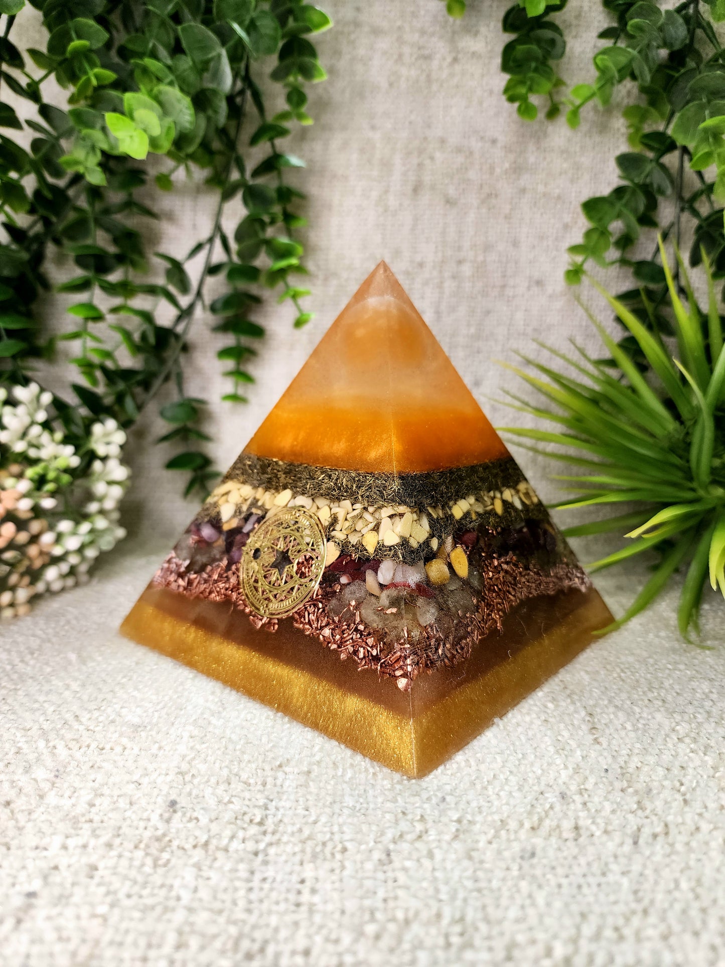 EDITH - Orgonite Pyramid - EMF Protector - Orange Selenite, Yellow Aventurine, Mookaite and Citrine with Brass and Copper Metals