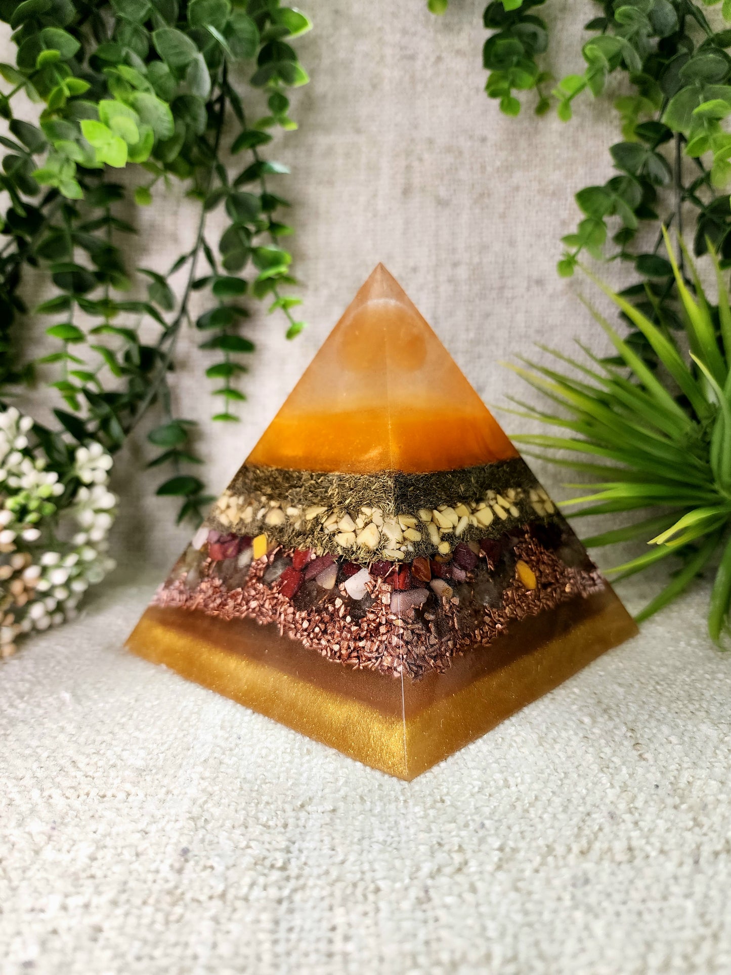 EDITH - Orgonite Pyramid - EMF Protector - Orange Selenite, Yellow Aventurine, Mookaite and Citrine with Brass and Copper Metals