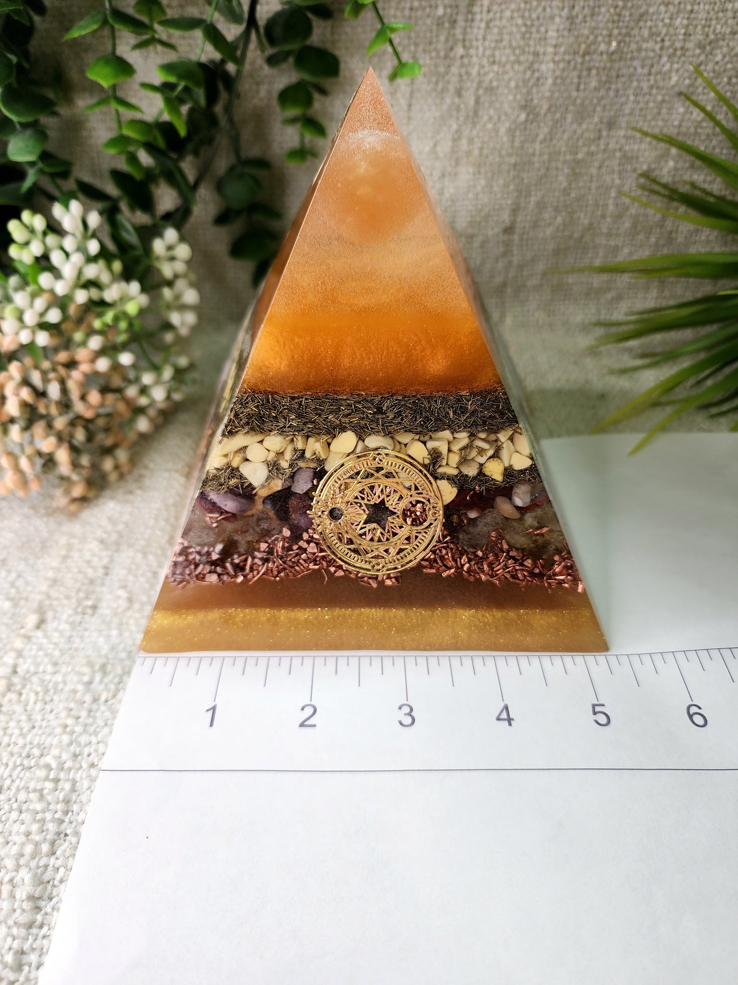 EDITH - Orgonite Pyramid - EMF Protector - Orange Selenite, Yellow Aventurine, Mookaite and Citrine with Brass and Copper Metals