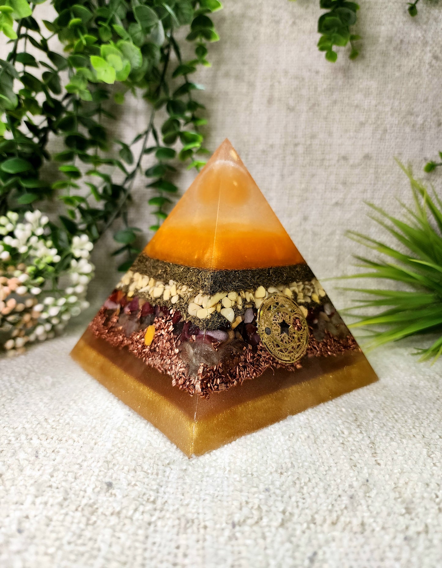EDITH - Orgonite Pyramid - EMF Protector - Orange Selenite, Yellow Aventurine, Mookaite and Citrine with Brass and Copper Metals