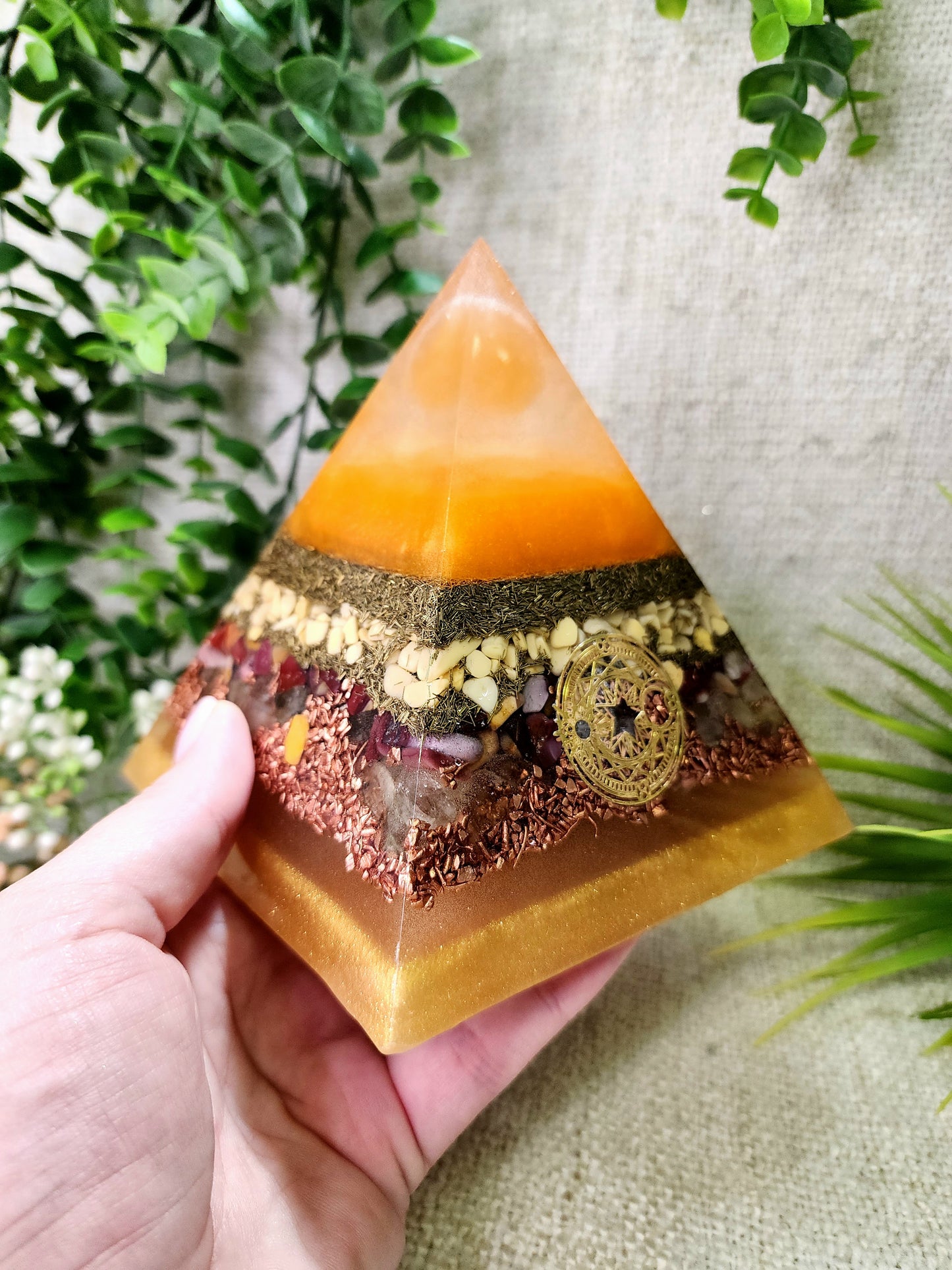 EDITH - Orgonite Pyramid - EMF Protector - Orange Selenite, Yellow Aventurine, Mookaite and Citrine with Brass and Copper Metals