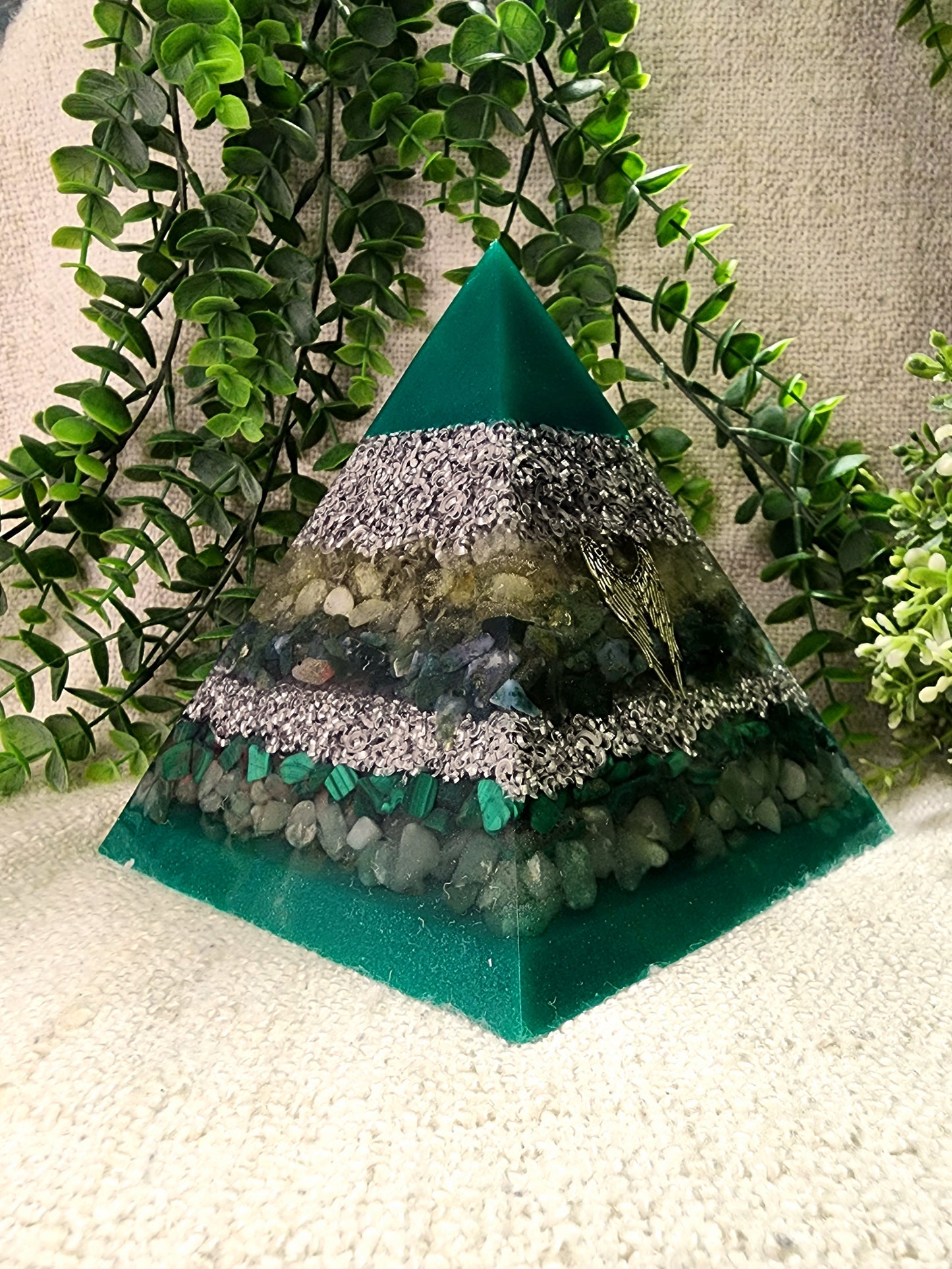 RAPHAEL - Orgonite Pyramid - EMF Protector - Citrine, Moss Agate, Malachite, Green Aventurine and Aluminum Metal