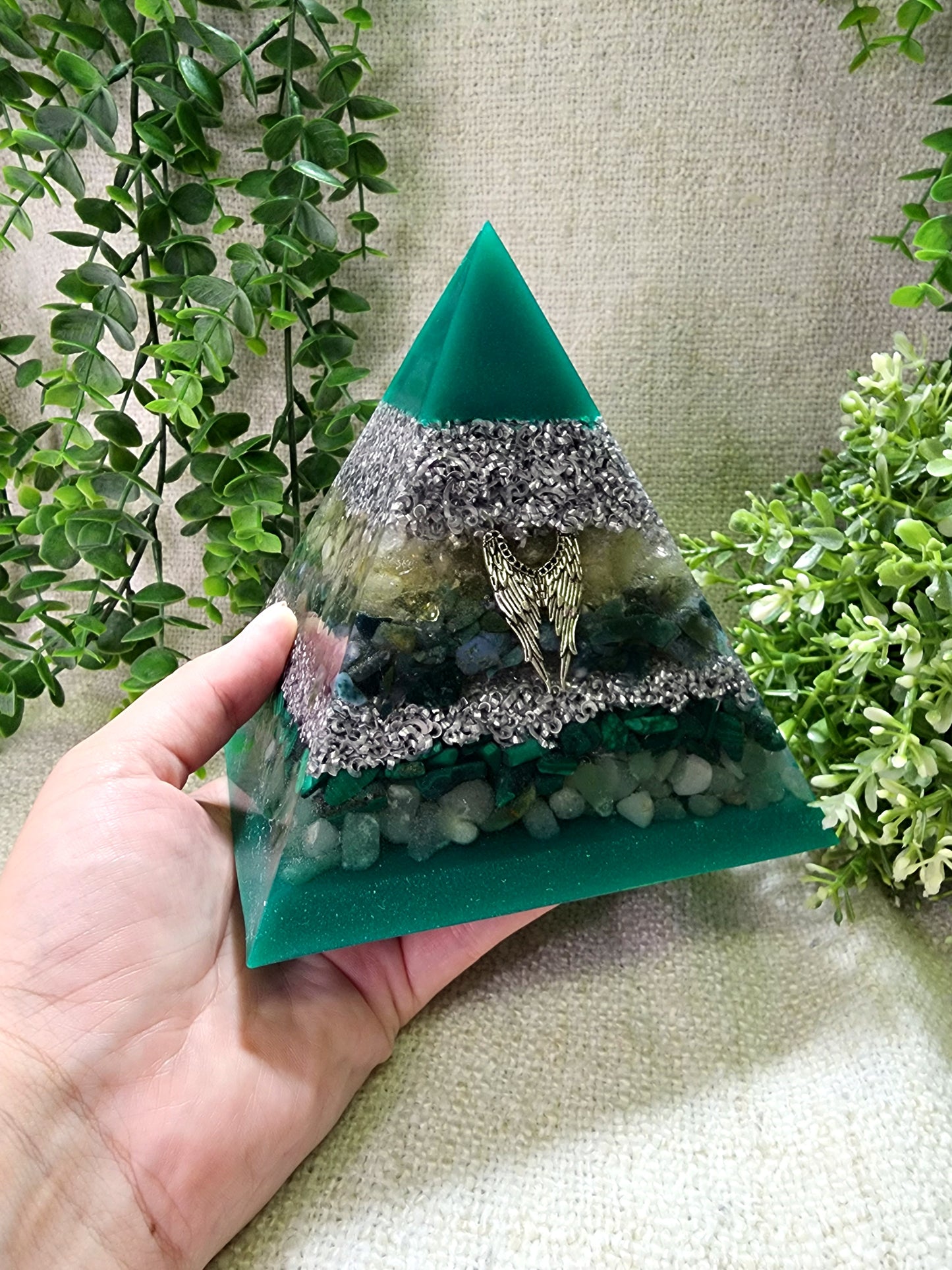 RAPHAEL - Orgonite Pyramid - EMF Protector - Citrine, Moss Agate, Malachite, Green Aventurine and Aluminum Metal