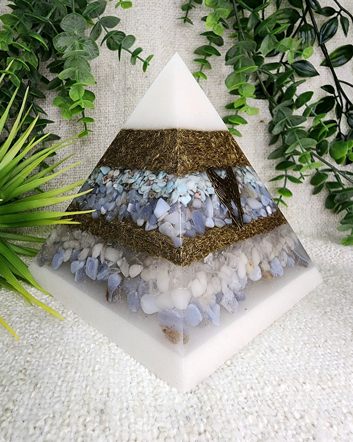 GABRIEL- Orgonite Pyramid - EMF Protector - Larimar, Blue Lace Agate, White Quartz, White Milky Quartz, Blue Chalcedony and Brass Metal