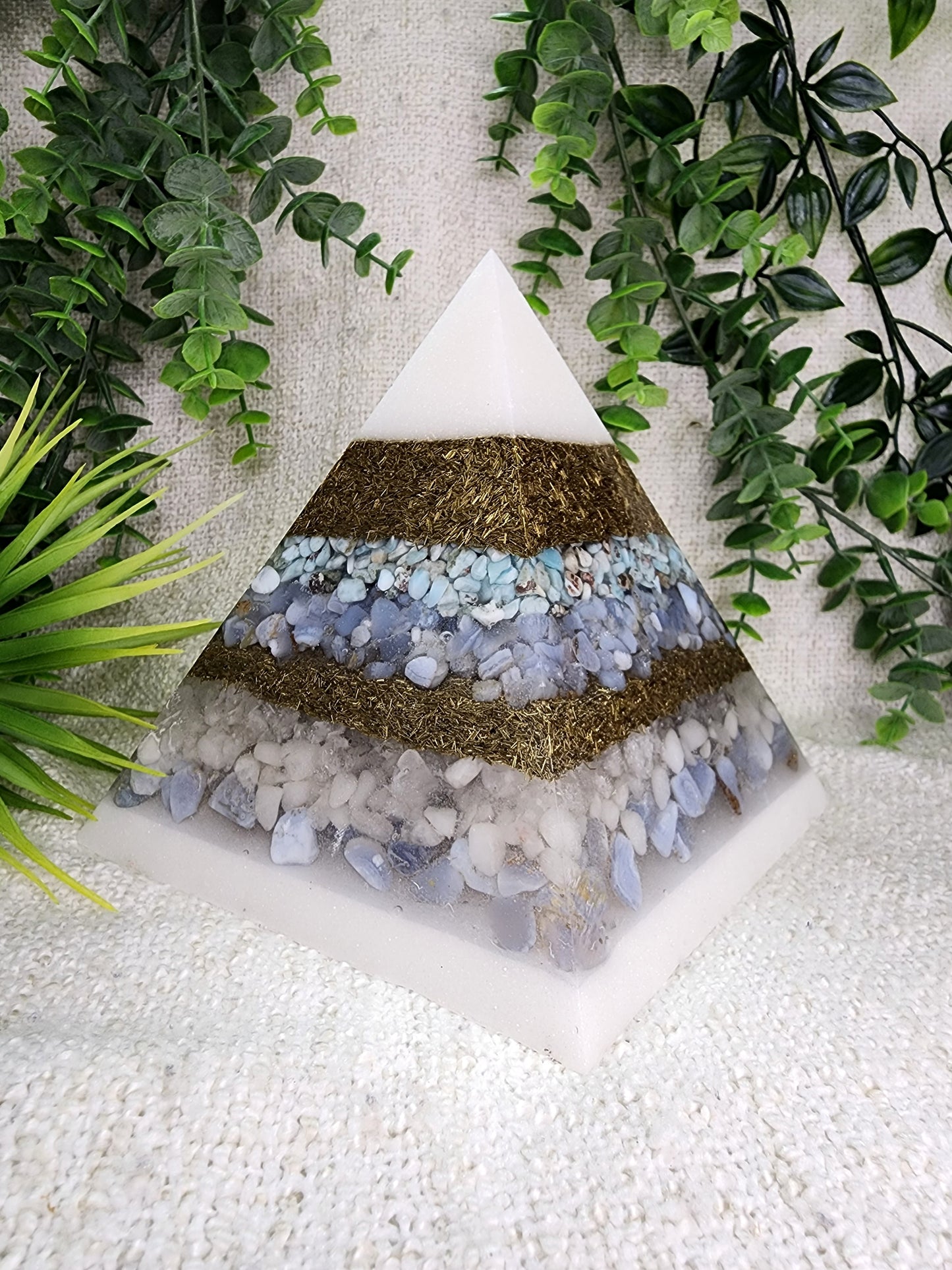 GABRIEL- Orgonite Pyramid - EMF Protector - Larimar, Blue Lace Agate, White Quartz, White Milky Quartz, Blue Chalcedony and Brass Metal