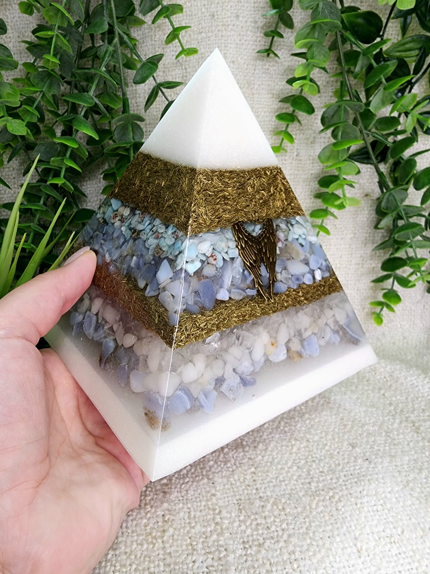 GABRIEL- Orgonite Pyramid - EMF Protector - Larimar, Blue Lace Agate, White Quartz, White Milky Quartz, Blue Chalcedony and Brass Metal