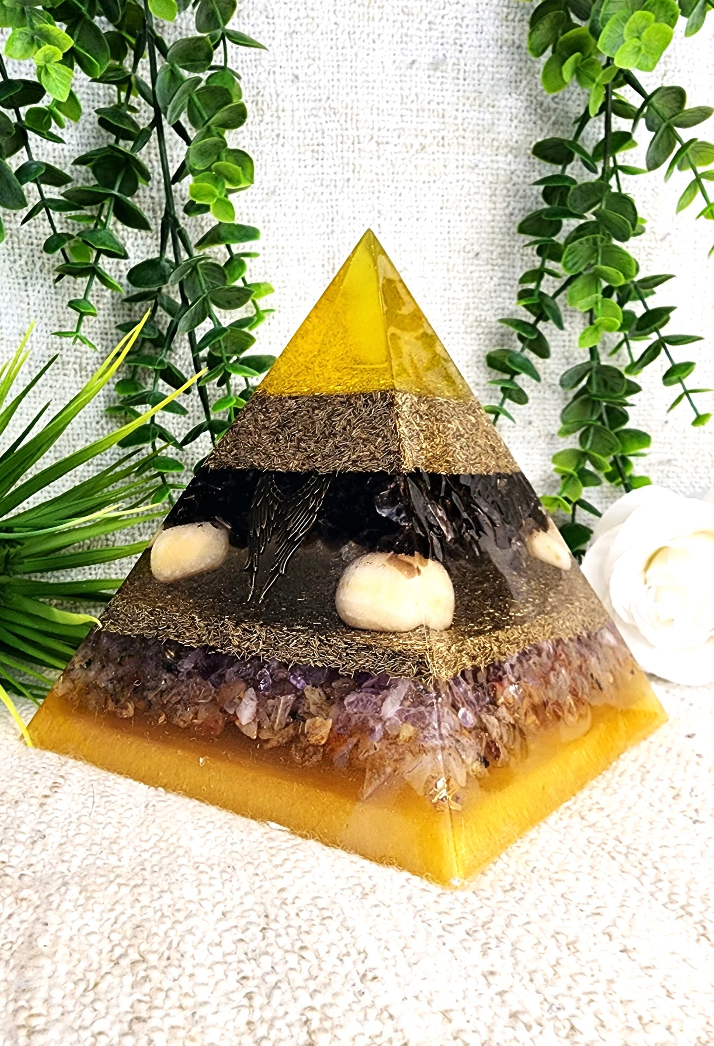 JOPHIEL- Orgonite Pyramid - EMF Protector - Smoky Quartz, Orange Calcite, Ametrine, Rutilated Quartz and Brass Metal