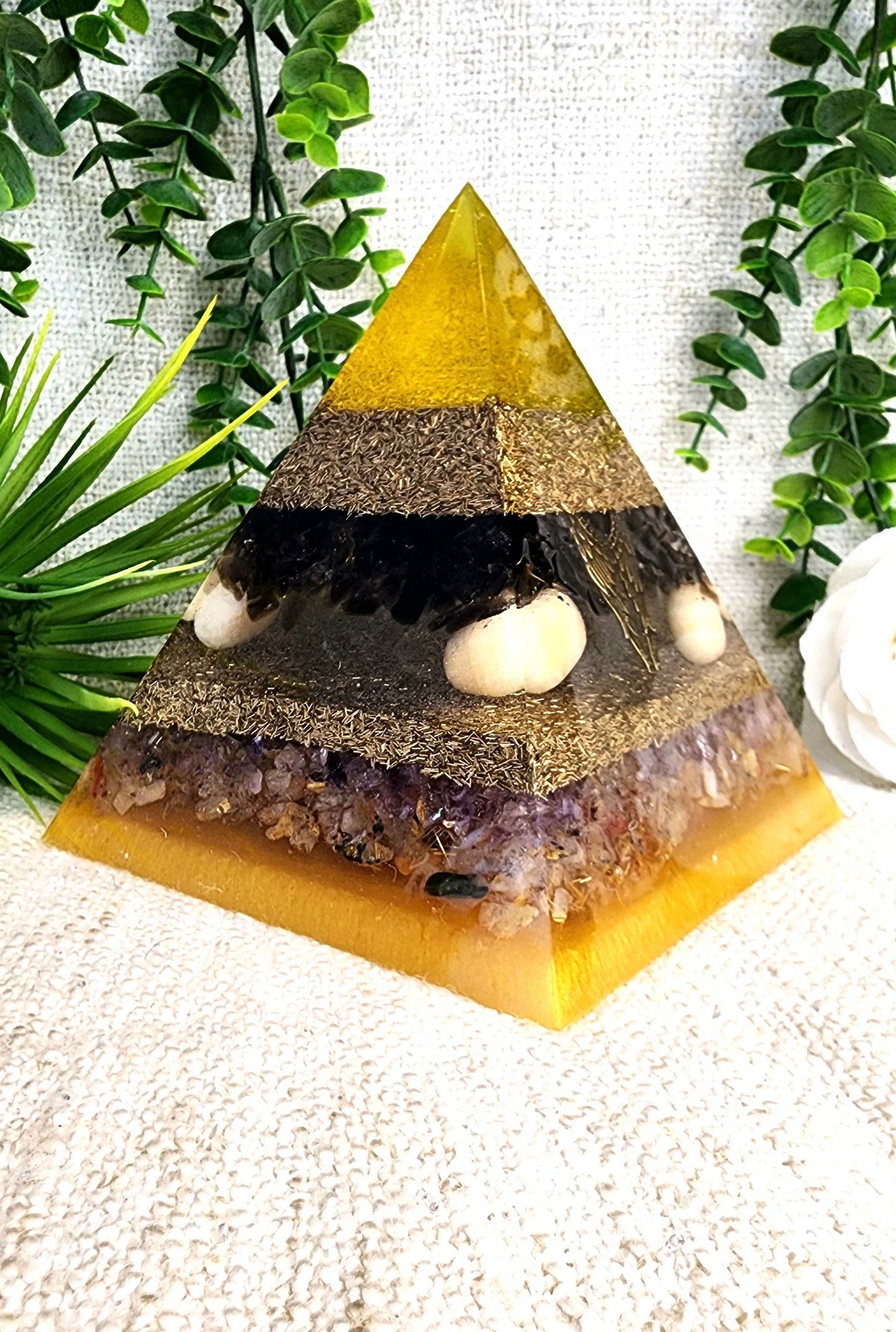 JOPHIEL- Orgonite Pyramid - EMF Protector - Smoky Quartz, Orange Calcite, Ametrine, Rutilated Quartz and Brass Metal