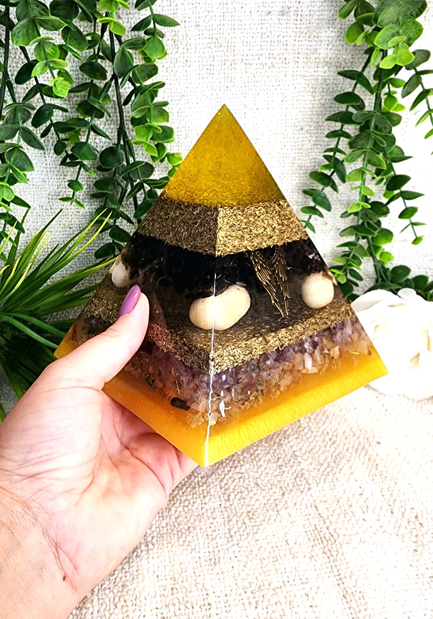 JOPHIEL- Orgonite Pyramid - EMF Protector - Smoky Quartz, Orange Calcite, Ametrine, Rutilated Quartz and Brass Metal