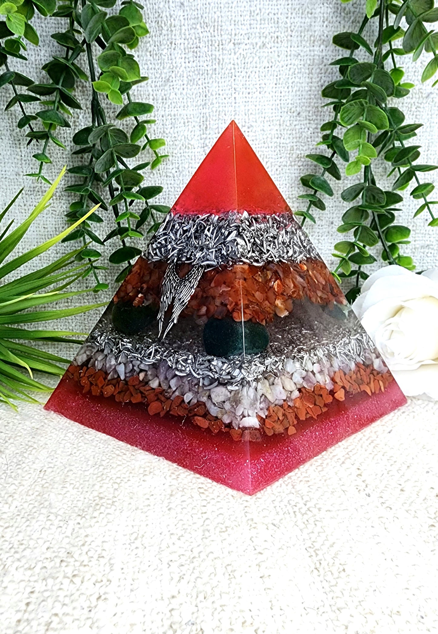 CHAMUEL- Orgonite Pyramid - EMF Protector - Carnelian, Bloodstone, Pink Tourmaline, Red Jasper and Aluminum Metals