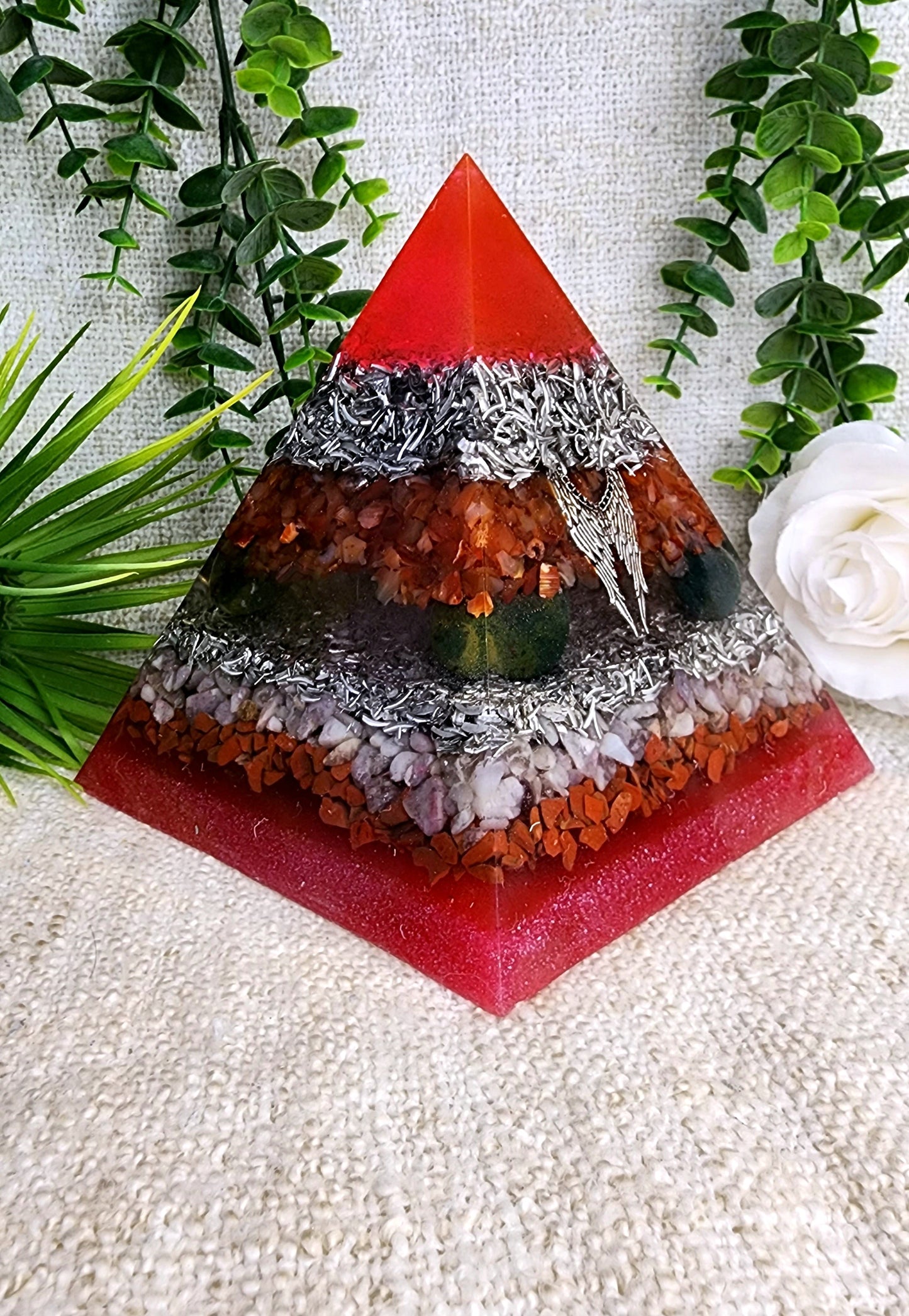 CHAMUEL- Orgonite Pyramid - EMF Protector - Carnelian, Bloodstone, Pink Tourmaline, Red Jasper and Aluminum Metals