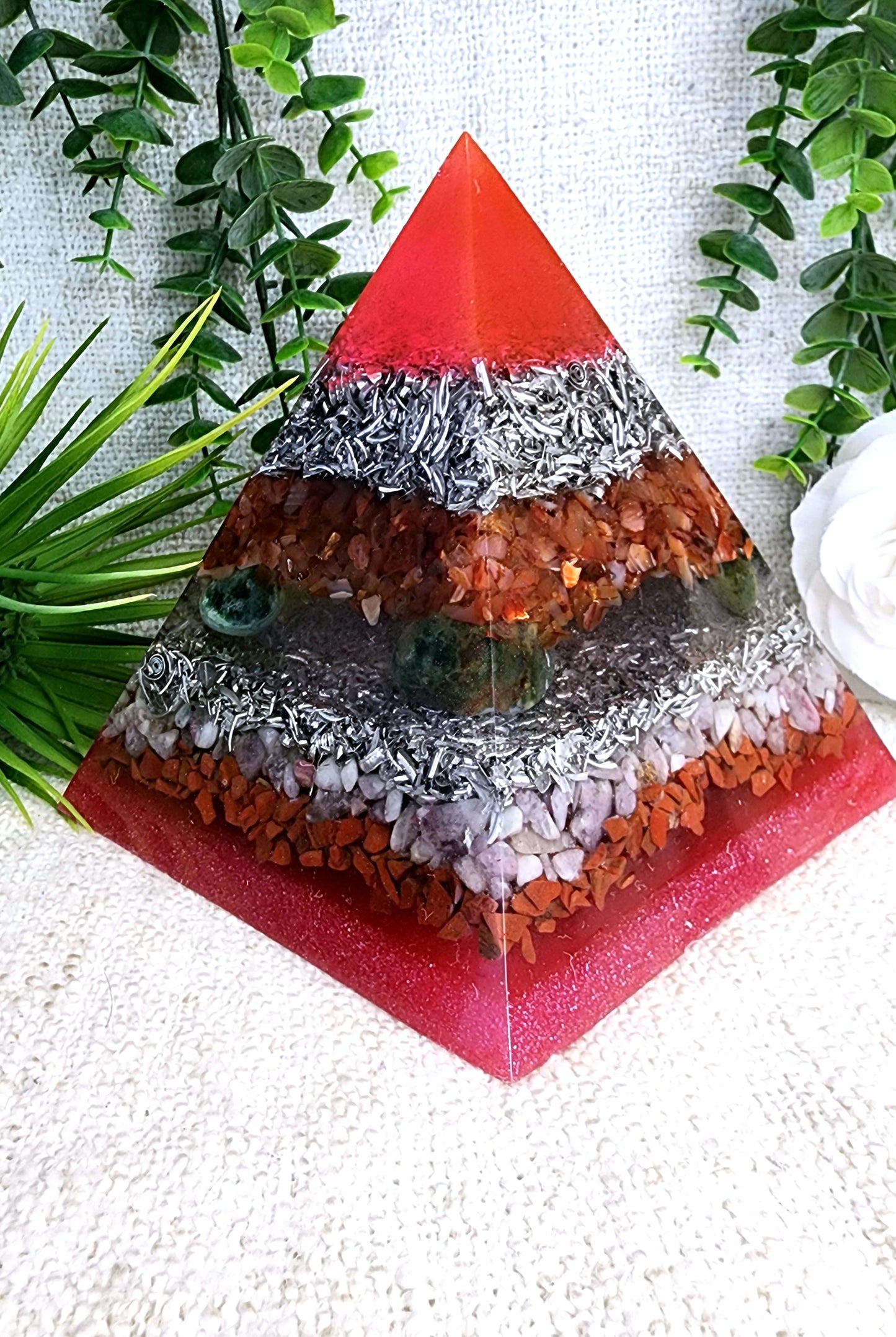 CHAMUEL- Orgonite Pyramid - EMF Protector - Carnelian, Bloodstone, Pink Tourmaline, Red Jasper and Aluminum Metals