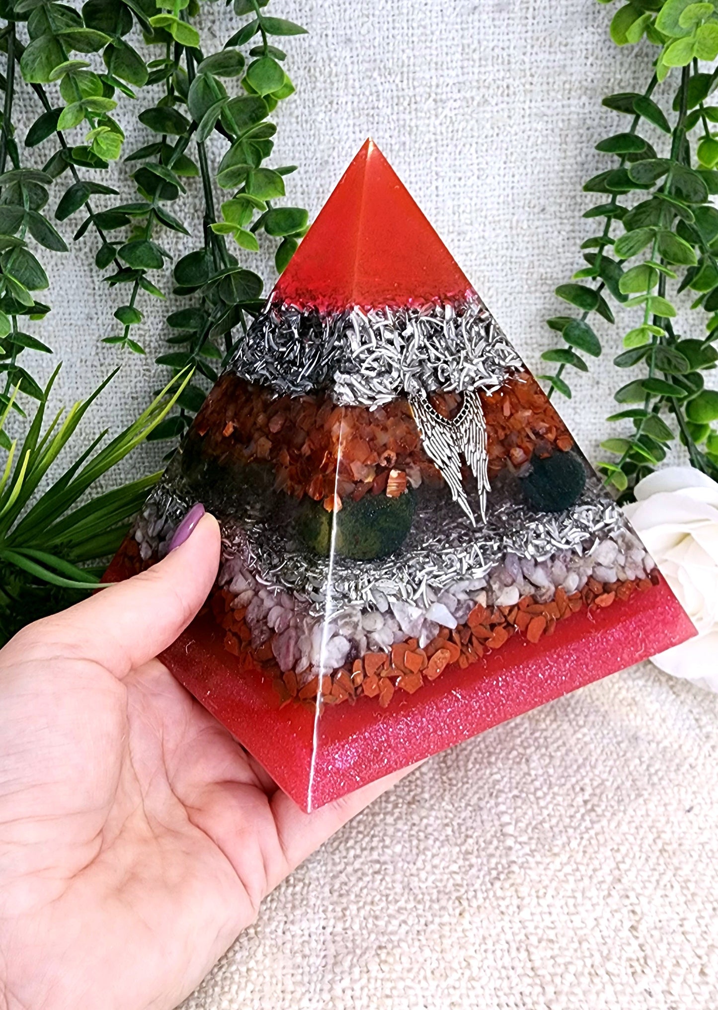 CHAMUEL- Orgonite Pyramid - EMF Protector - Carnelian, Bloodstone, Pink Tourmaline, Red Jasper and Aluminum Metals