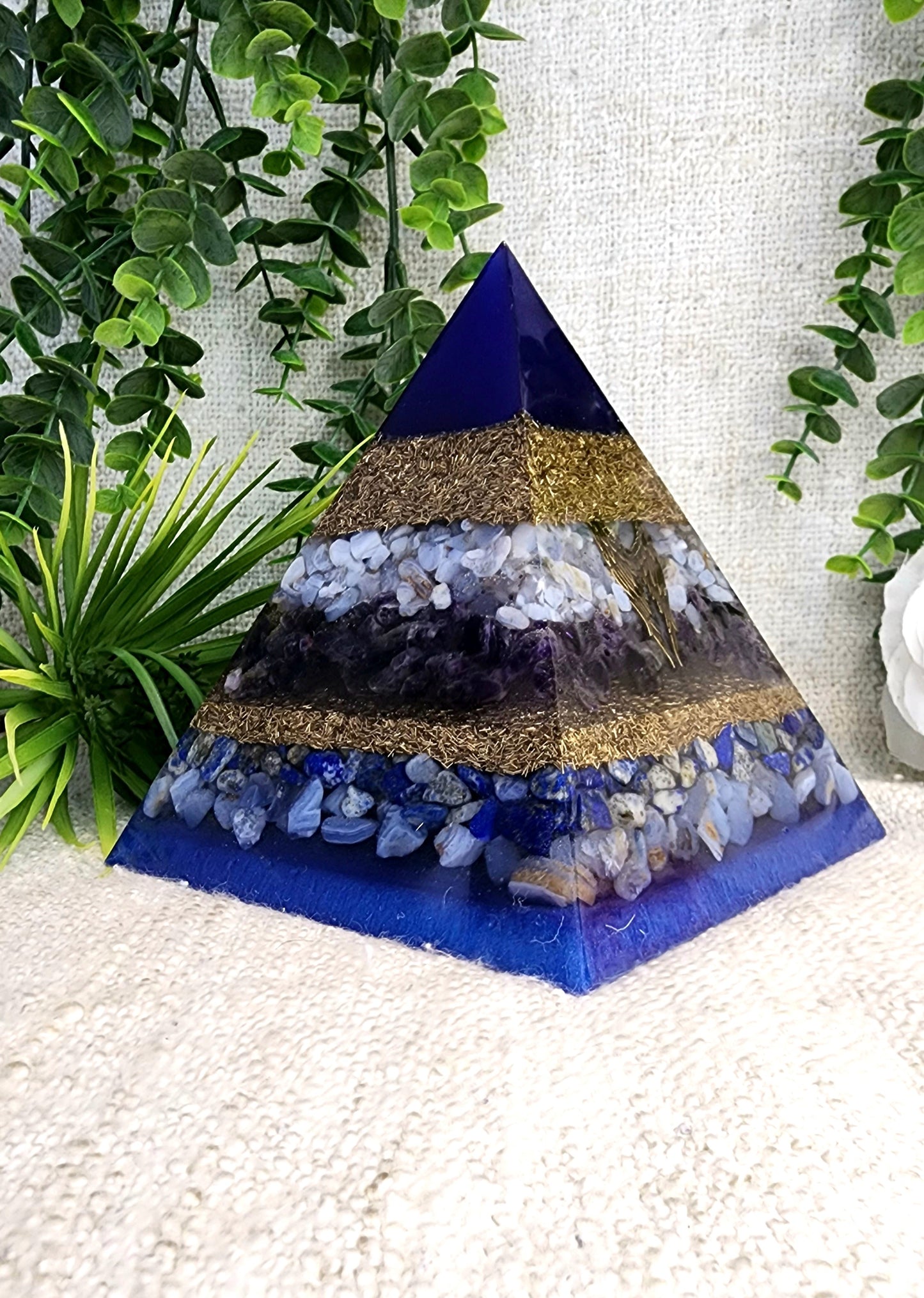 ZADKIEL - Orgonite Pyramid - EMF Protector - Blue Lace Agate, Amethyst, Lapis Lazuli, Blue Chalcedony and Brass Metal