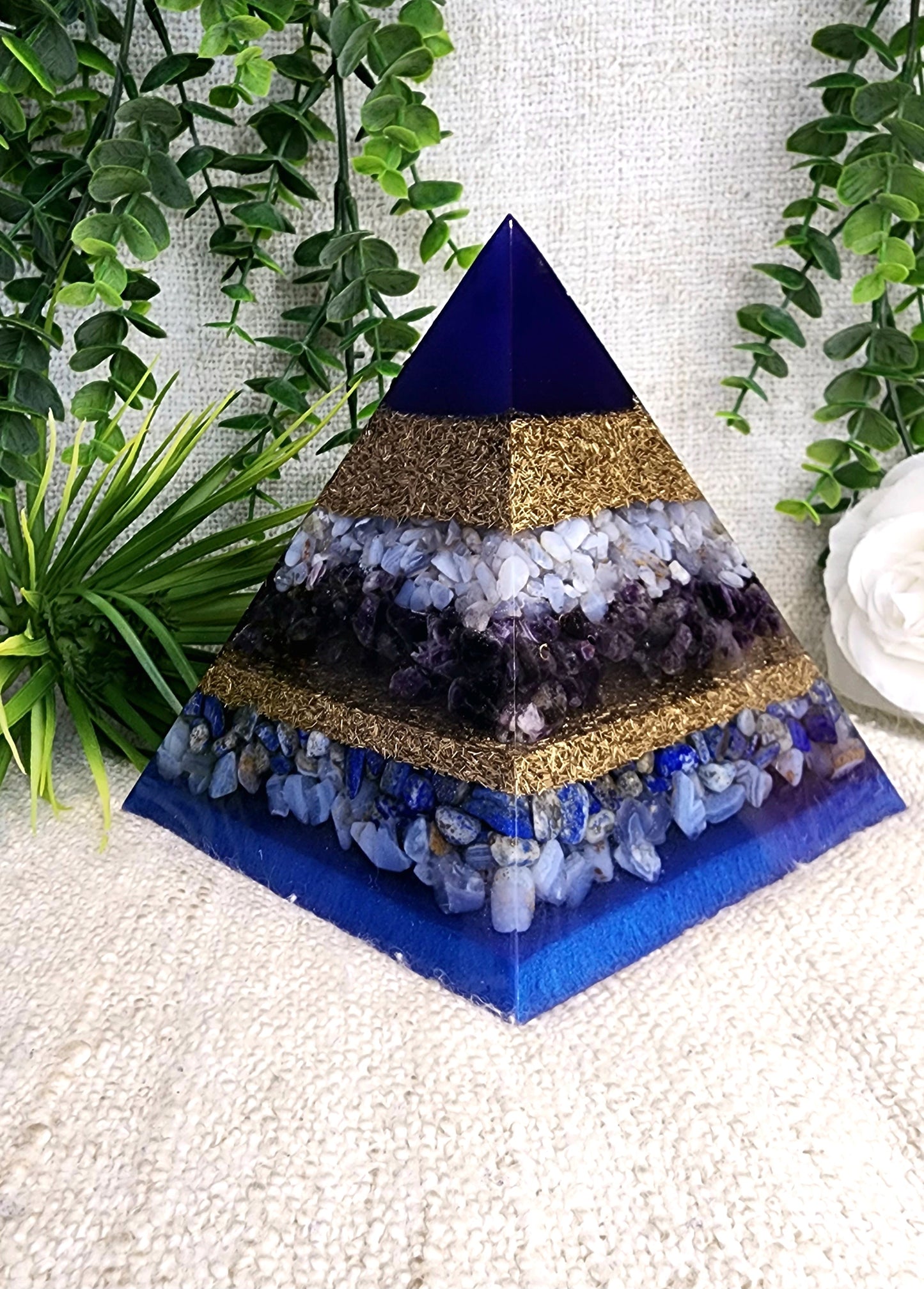 ZADKIEL - Orgonite Pyramid - EMF Protector - Blue Lace Agate, Amethyst, Lapis Lazuli, Blue Chalcedony and Brass Metal