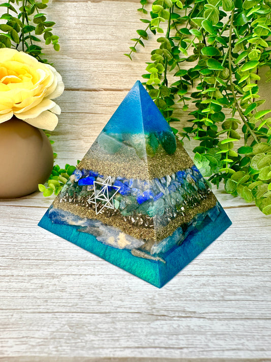 SERAPHIM - Orgonite Pyramid - EMF Protector -Bloodstone, Lapis Lazuli, Green Aventurine and Blue Kyanite with Stainless Steel & Brass Metals