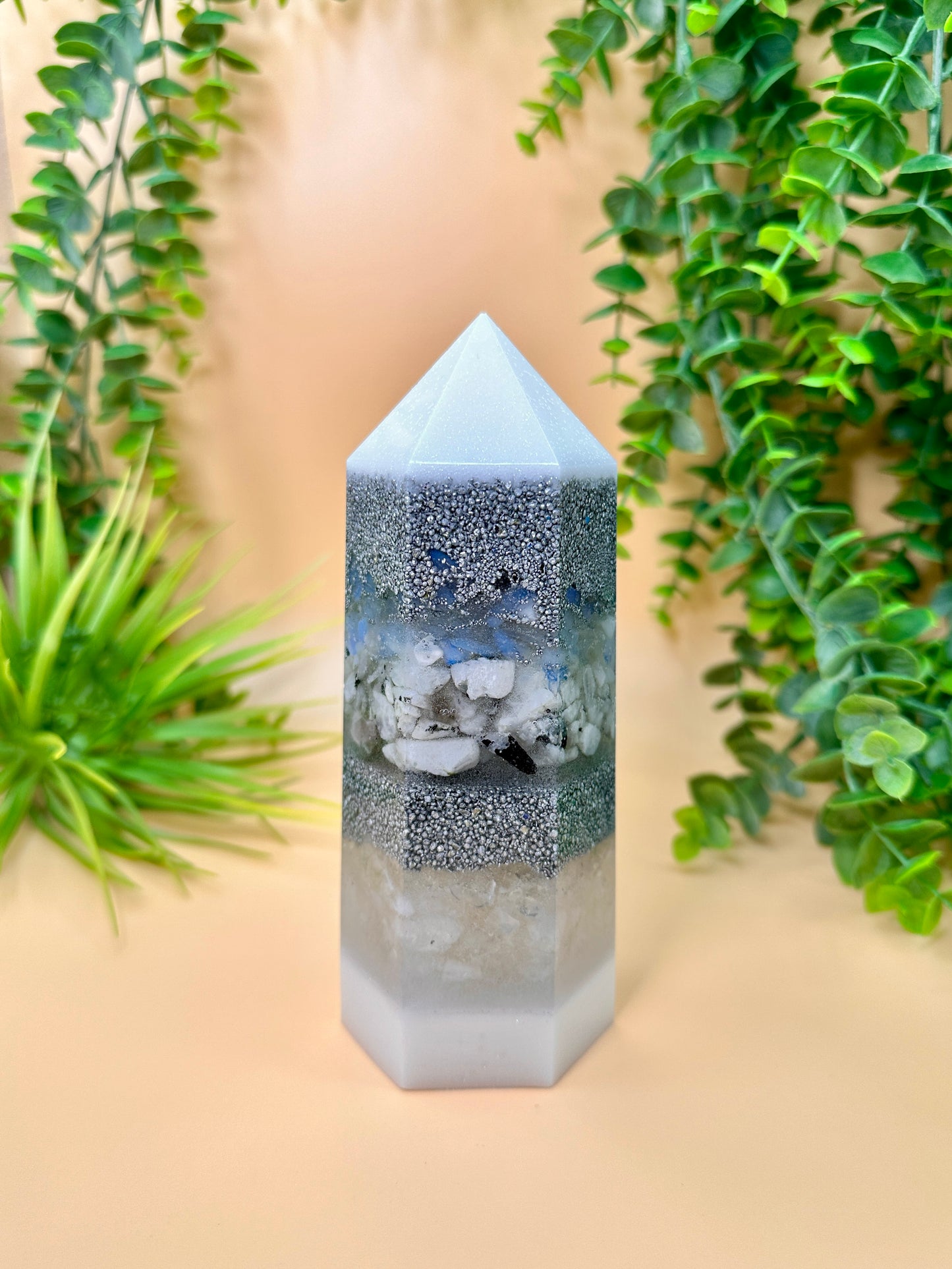 CHILDREN & CREATIVITY - Orgonite Tower - EMF Protector - Opalite, Moonstone & White Quartz with Aluminum Metals