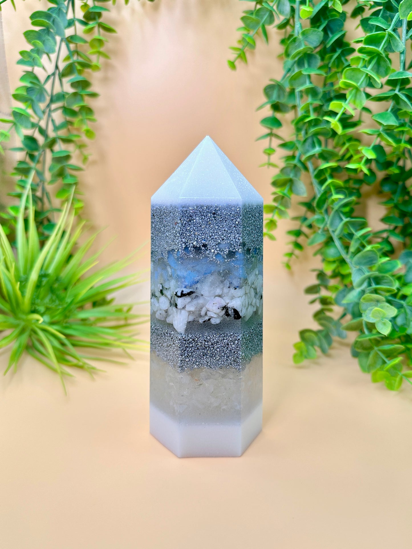 CHILDREN & CREATIVITY - Orgonite Tower - EMF Protector - Opalite, Moonstone & White Quartz with Aluminum Metals