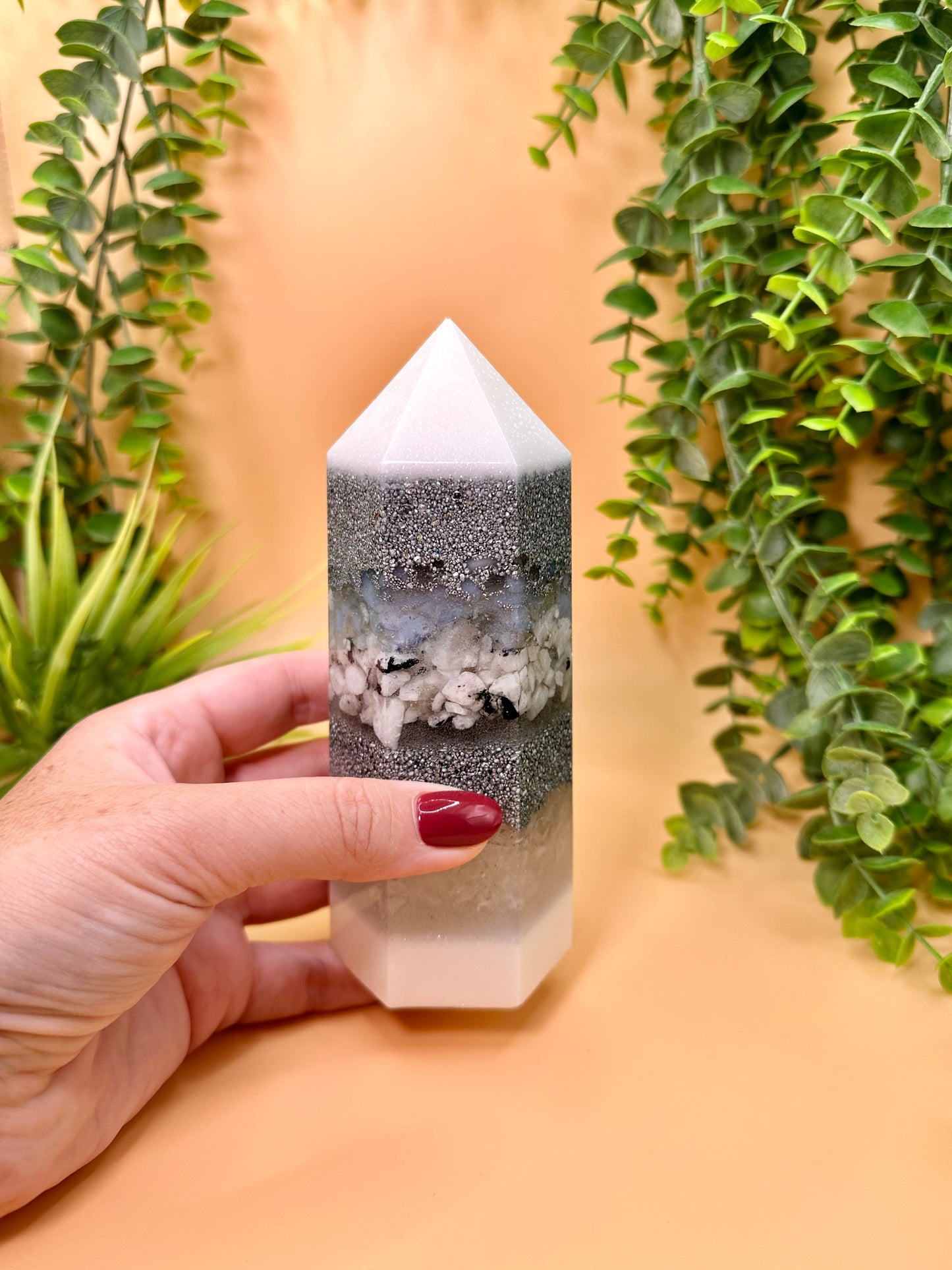 CHILDREN & CREATIVITY - Orgonite Tower - EMF Protector - Opalite, Moonstone & White Quartz with Aluminum Metals