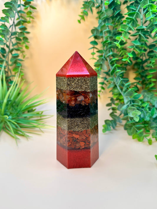 FAME & REPUTATION - Orgonite Tower - EMF Protector - Carnelian, Garnet & Red Jasper Brass Metals