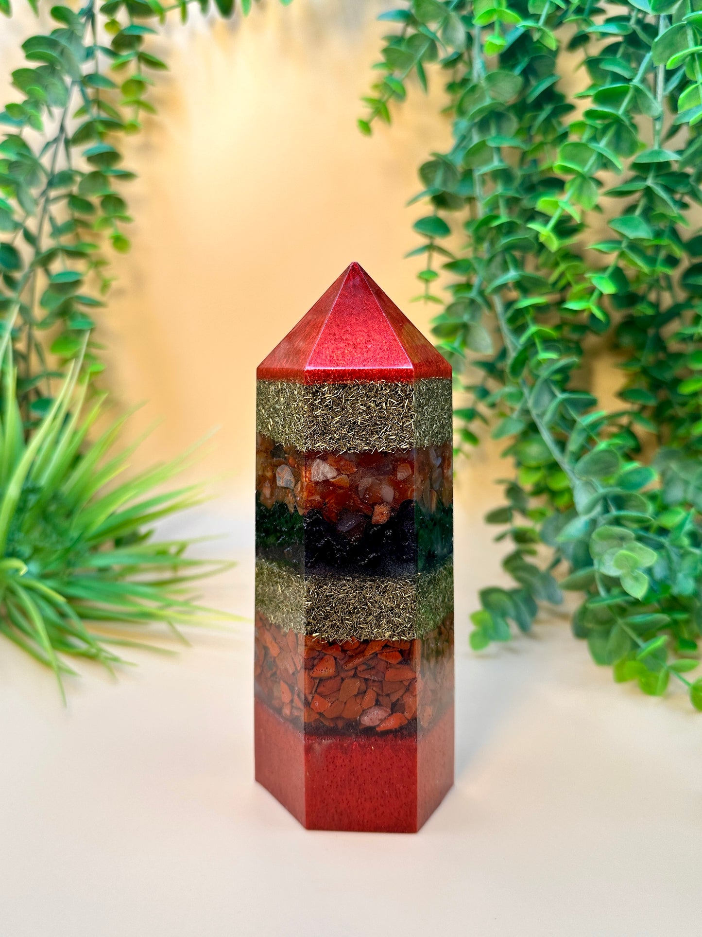 FAME & REPUTATION - Orgonite Tower - EMF Protector - Carnelian, Garnet & Red Jasper Brass Metals