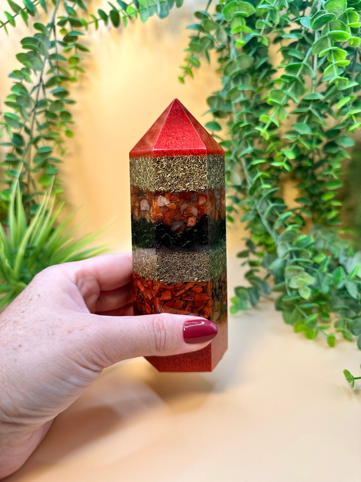 FAME & REPUTATION - Orgonite Tower - EMF Protector - Carnelian, Garnet & Red Jasper Brass Metals