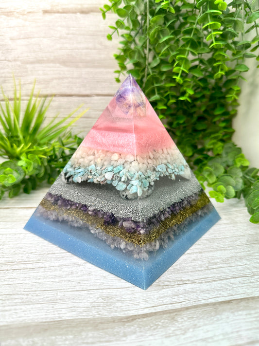 FERTILITY - Orgonite Pyramid - EMF Protector - Amethyst, Milky Quartz, Larimar, Moonstone, Lepidolite & Rose Quartz with Aluminum and Brass Metals