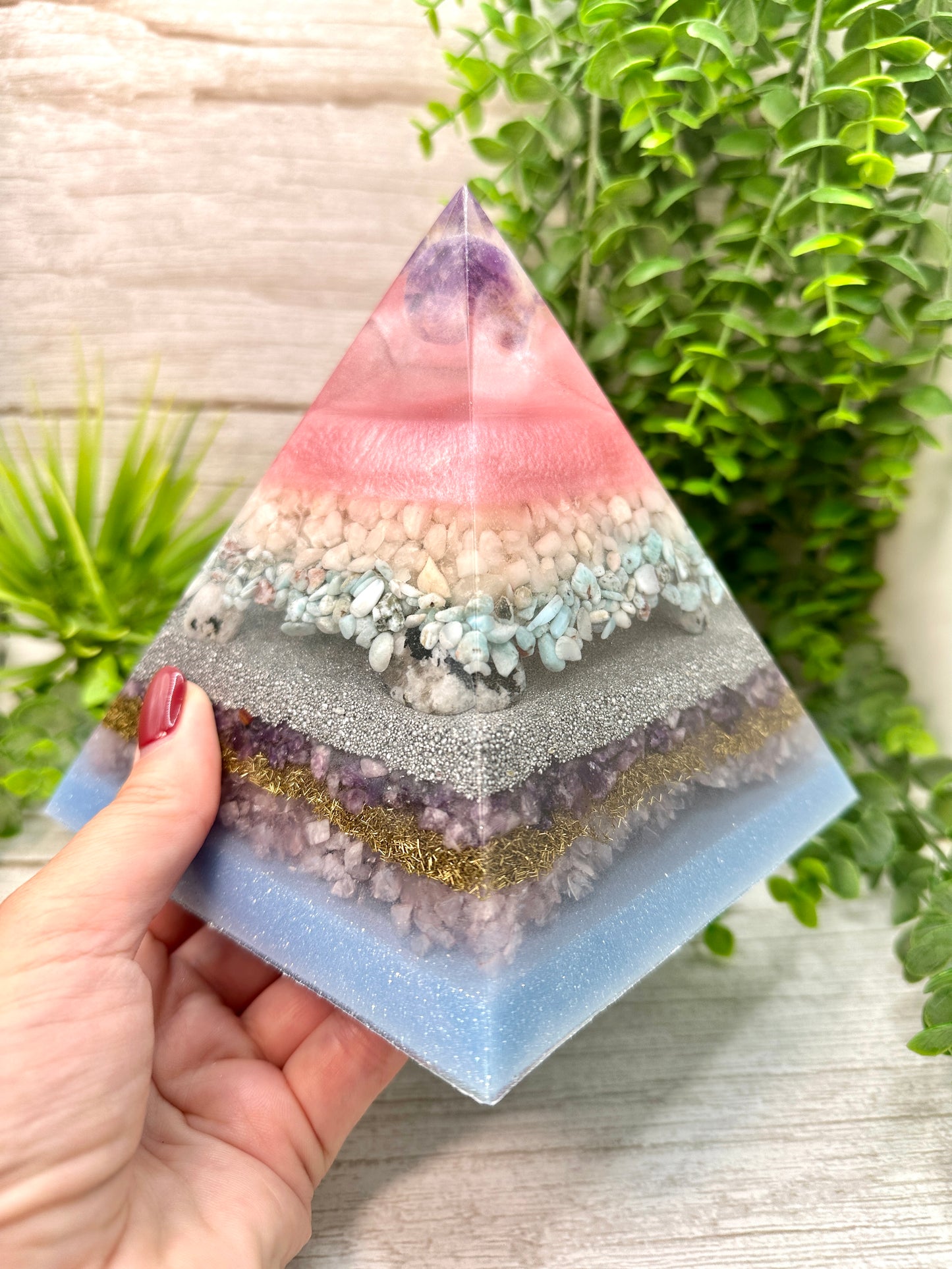 FERTILITY - Orgonite Pyramid - EMF Protector - Amethyst, Milky Quartz, Larimar, Moonstone, Lepidolite & Rose Quartz with Aluminum and Brass Metals