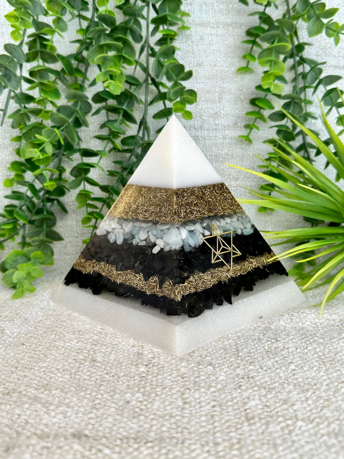 DANIELA - Orgonite Pyramid - EMF Protector - Aquamarine, Shungite, Black Obsidian and Black Tourmaline and Brass Metals