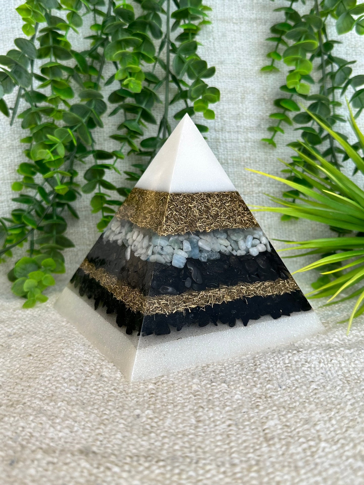 DANIELA - Orgonite Pyramid - EMF Protector - Aquamarine, Shungite, Black Obsidian and Black Tourmaline and Brass Metals