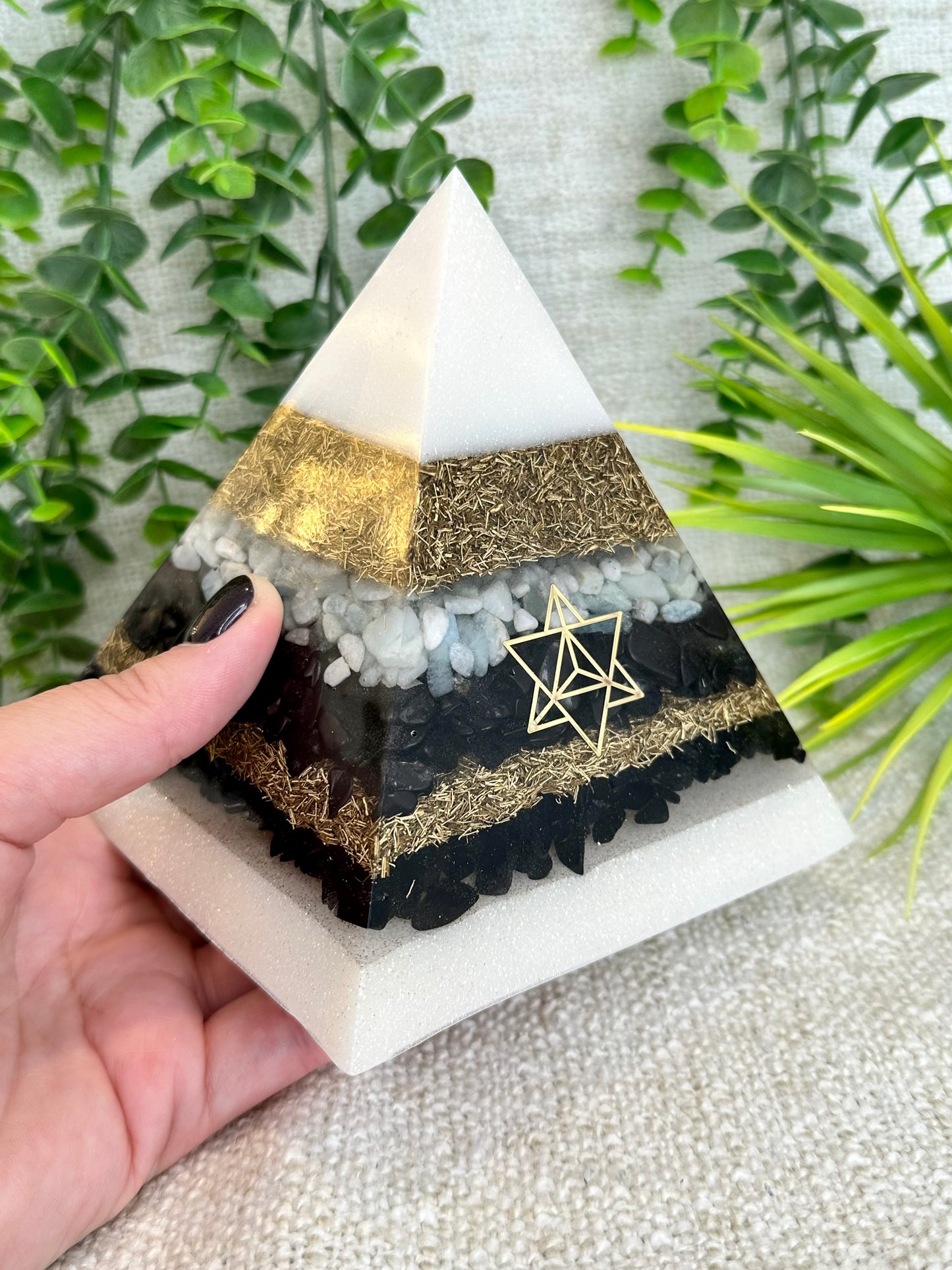 DANIELA - Orgonite Pyramid - EMF Protector - Aquamarine, Shungite, Black Obsidian and Black Tourmaline and Brass Metals
