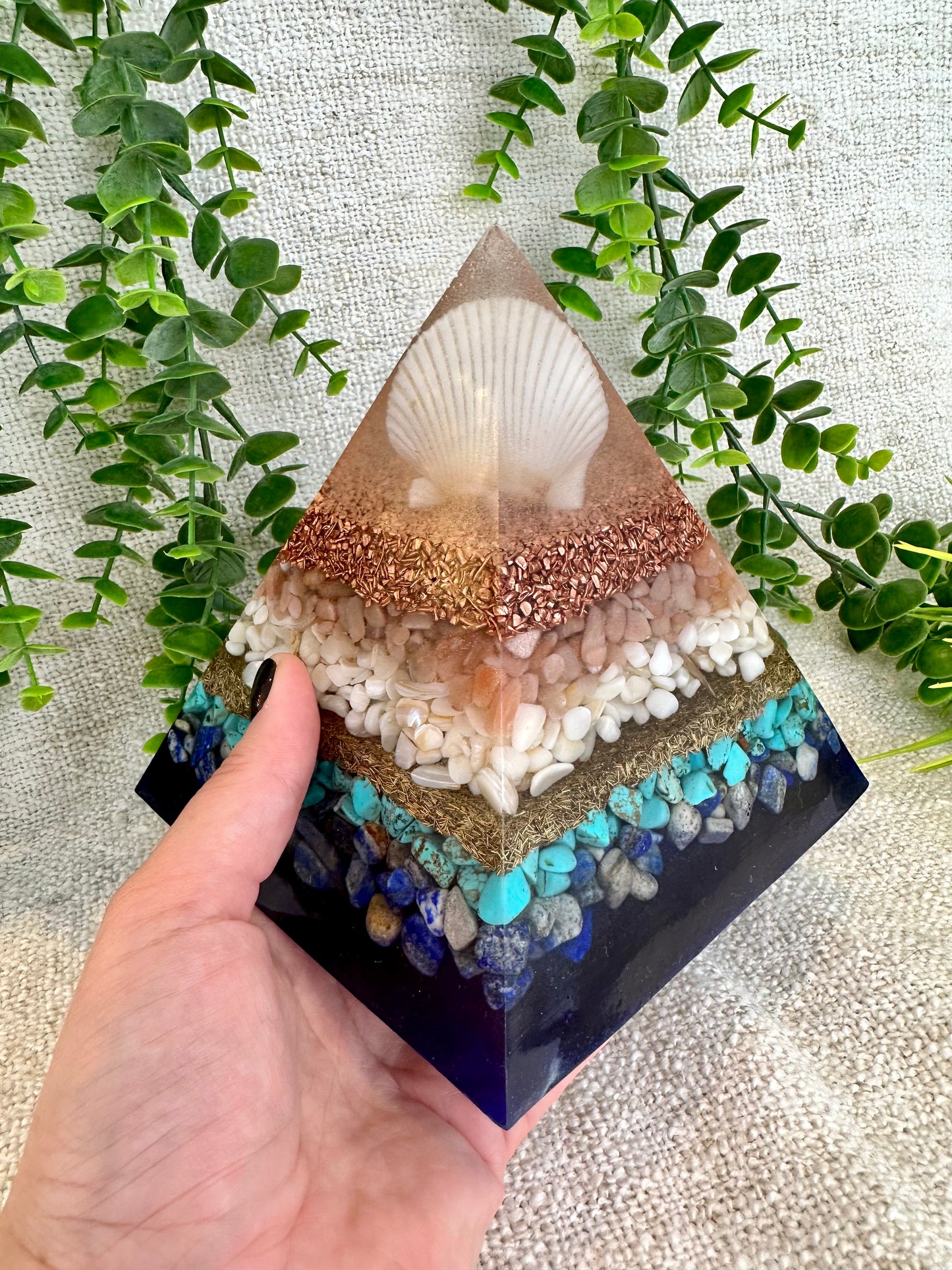 DORIS - Orgonite Pyramid - EMF Protector - Peach Moonstone, Sea Shells, Turquoise, Lapis Lazuli, with Copper and Brass Metals