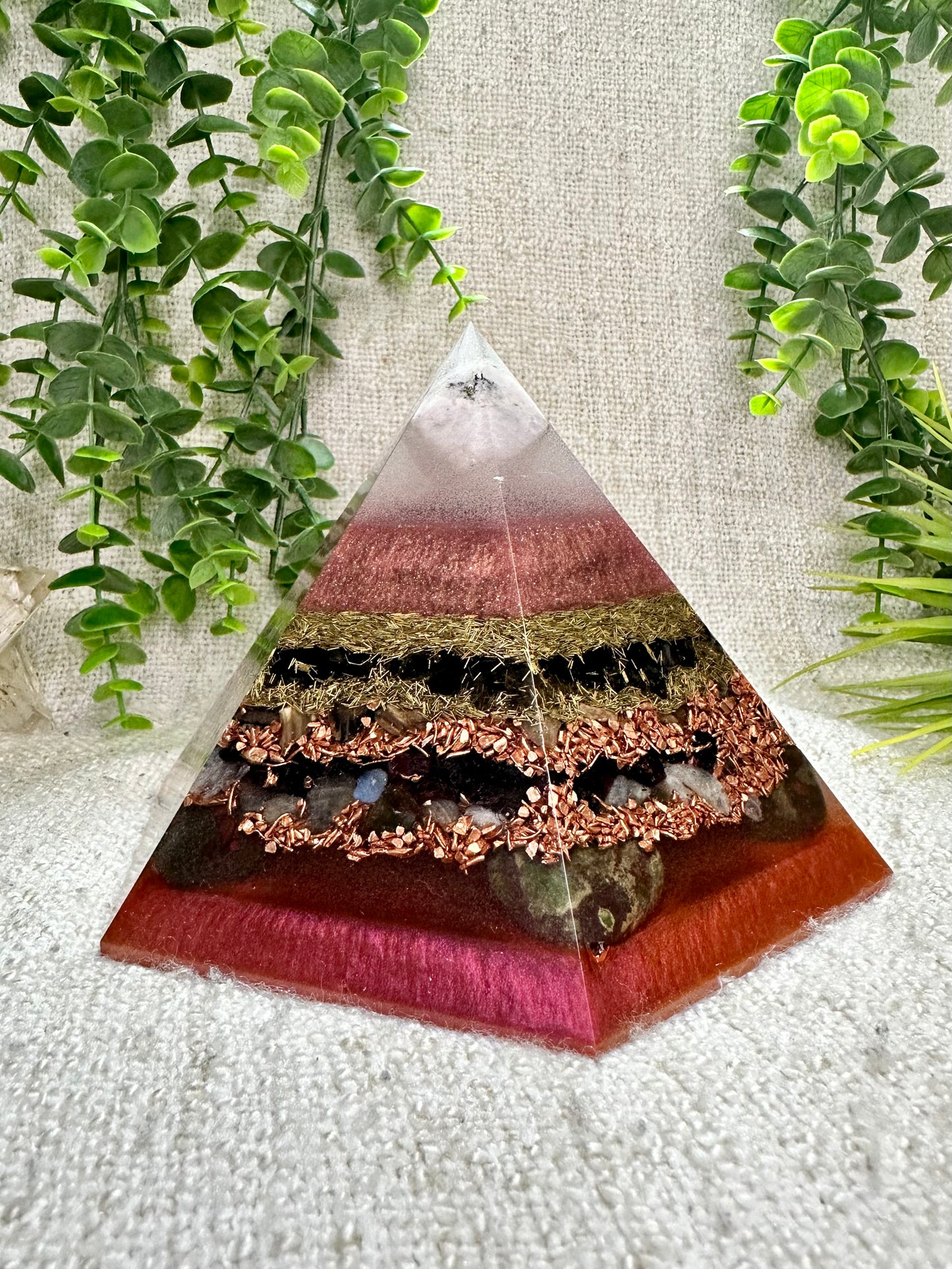 FALL EQUINOX - Special Edition Hexagonal Pyramid! - EMF Protector - Moonstone, Smoky Quartz, Petrified Wood, Garnet, Labradorite, Dragon Blood Jasper, with Brass and Copper Metals
