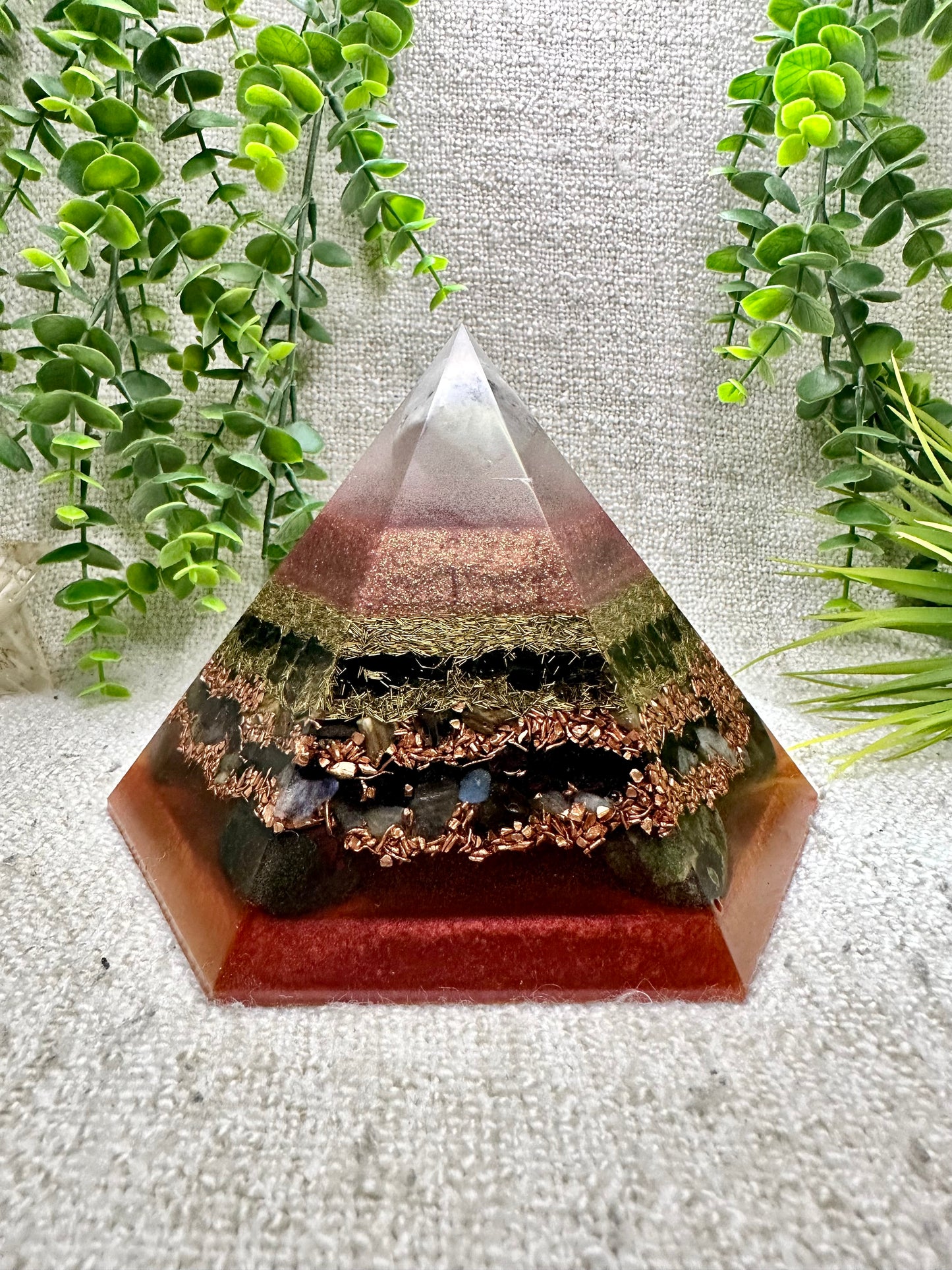 FALL EQUINOX - Special Edition Hexagonal Pyramid! - EMF Protector - Moonstone, Smoky Quartz, Petrified Wood, Garnet, Labradorite, Dragon Blood Jasper, with Brass and Copper Metals