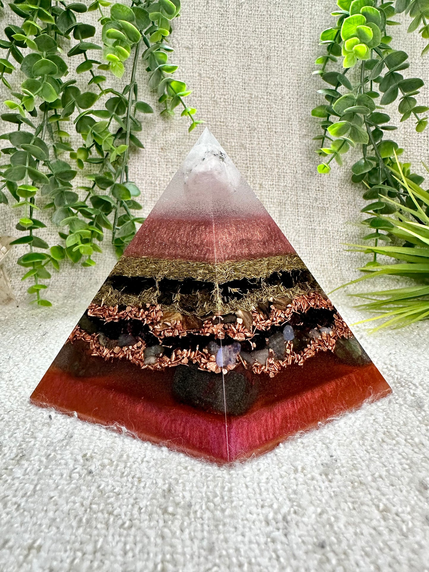 FALL EQUINOX - Special Edition Hexagonal Pyramid! - EMF Protector - Moonstone, Smoky Quartz, Petrified Wood, Garnet, Labradorite, Dragon Blood Jasper, with Brass and Copper Metals