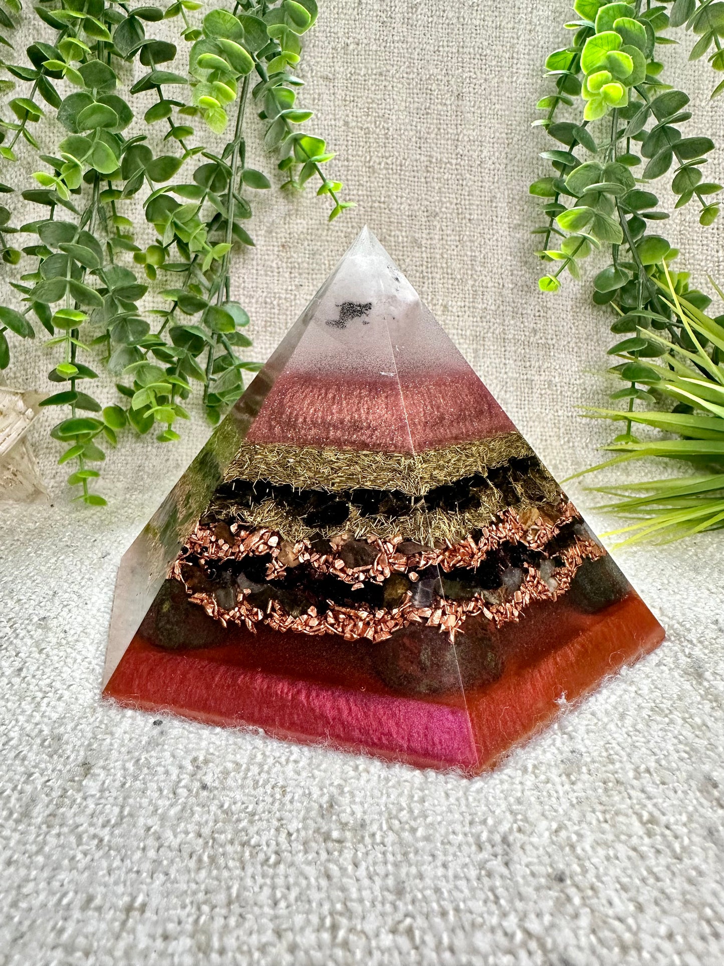 FALL EQUINOX - Special Edition Hexagonal Pyramid! - EMF Protector - Moonstone, Smoky Quartz, Petrified Wood, Garnet, Labradorite, Dragon Blood Jasper, with Brass and Copper Metals