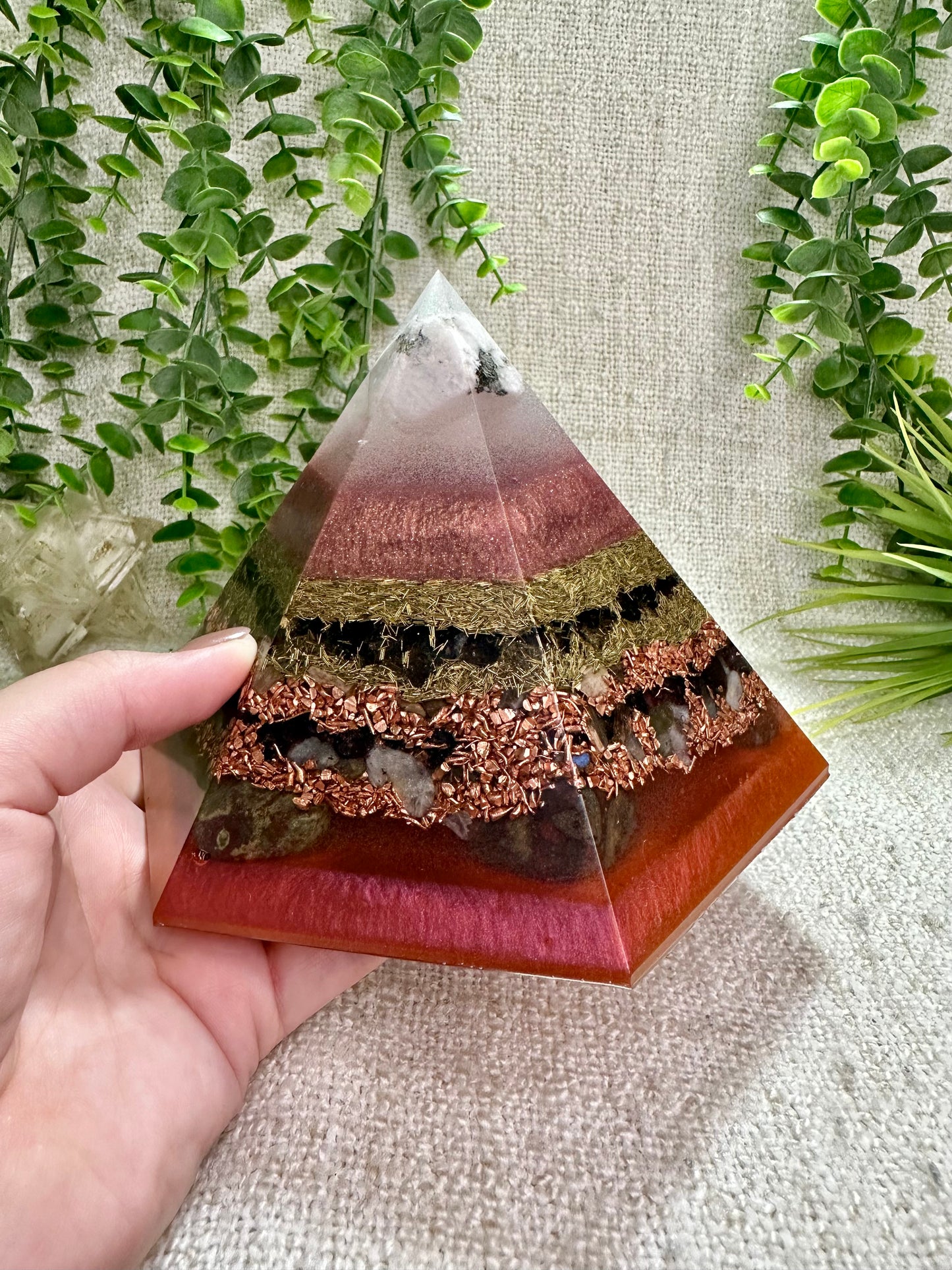 FALL EQUINOX - Special Edition Hexagonal Pyramid! - EMF Protector - Moonstone, Smoky Quartz, Petrified Wood, Garnet, Labradorite, Dragon Blood Jasper, with Brass and Copper Metals
