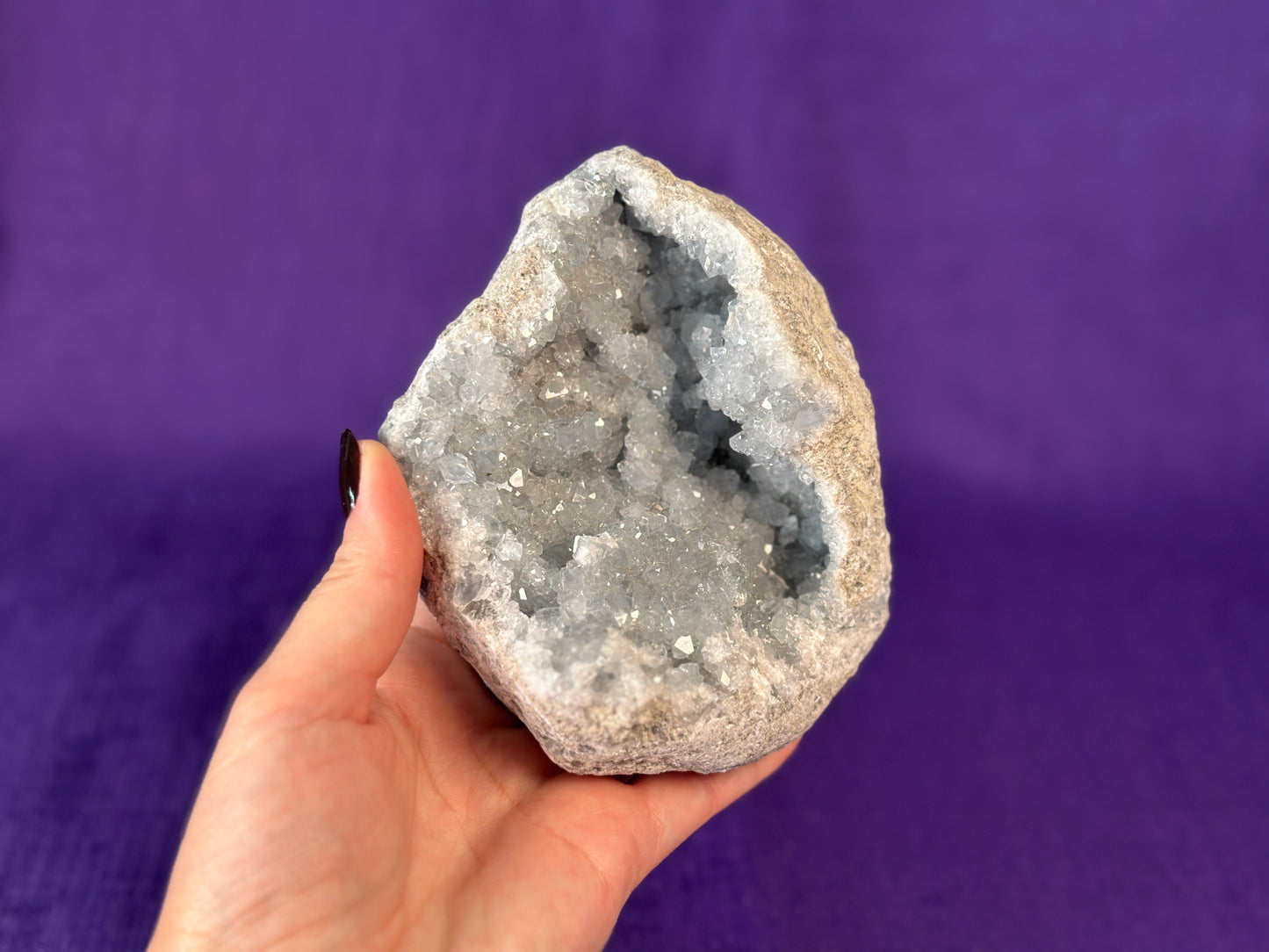 Celestite Polished Cluster, Celestite Geode Free Shape w. Druse, Standing Celestite Healing Crystal