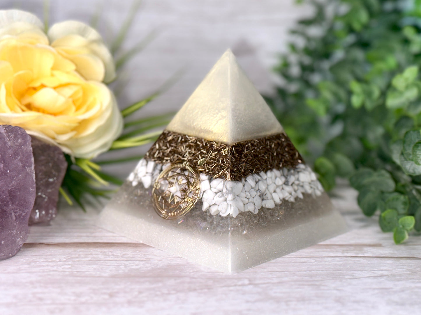PEACE - Beginners Series - Orgonite Pyramid - EMF Protector -Howlite, Aura Quartz and Brass Metals