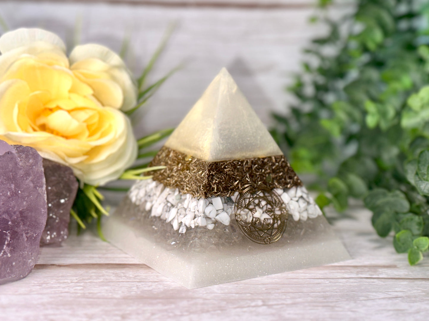 PEACE - Beginners Series - Orgonite Pyramid - EMF Protector -Howlite, Aura Quartz and Brass Metals