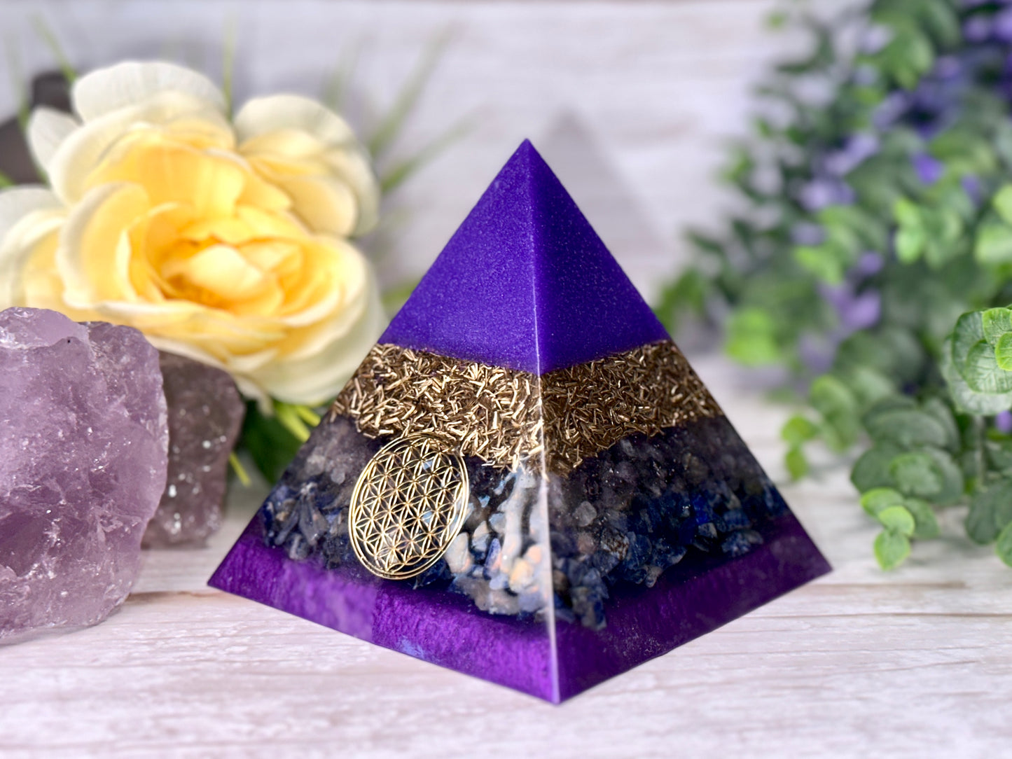 UNDERSTANDING - Beginners Series - Orgonite Pyramid - EMF Protector - Ametrine, Sodalite and Brass Metals
