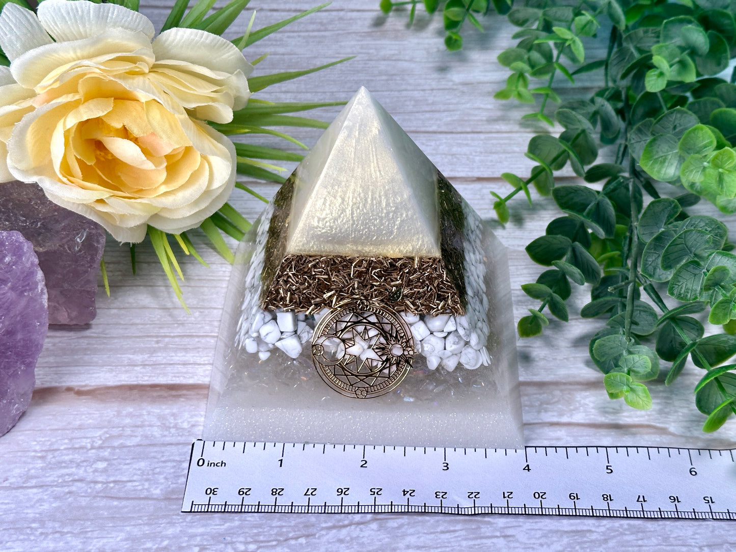 PEACE - Beginners Series - Orgonite Pyramid - EMF Protector -Howlite, Aura Quartz and Brass Metals