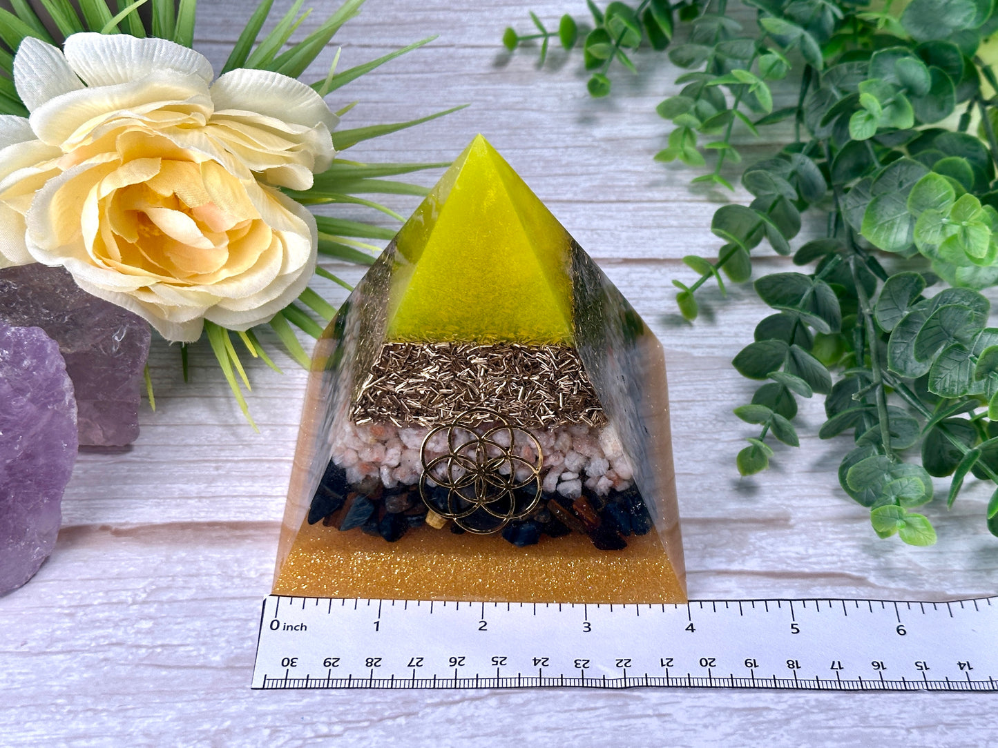 COURAGE - Beginners Series - Orgonite Pyramid - EMF Protector - Sunstone, Blue Tiger's Eye and Brass Metals