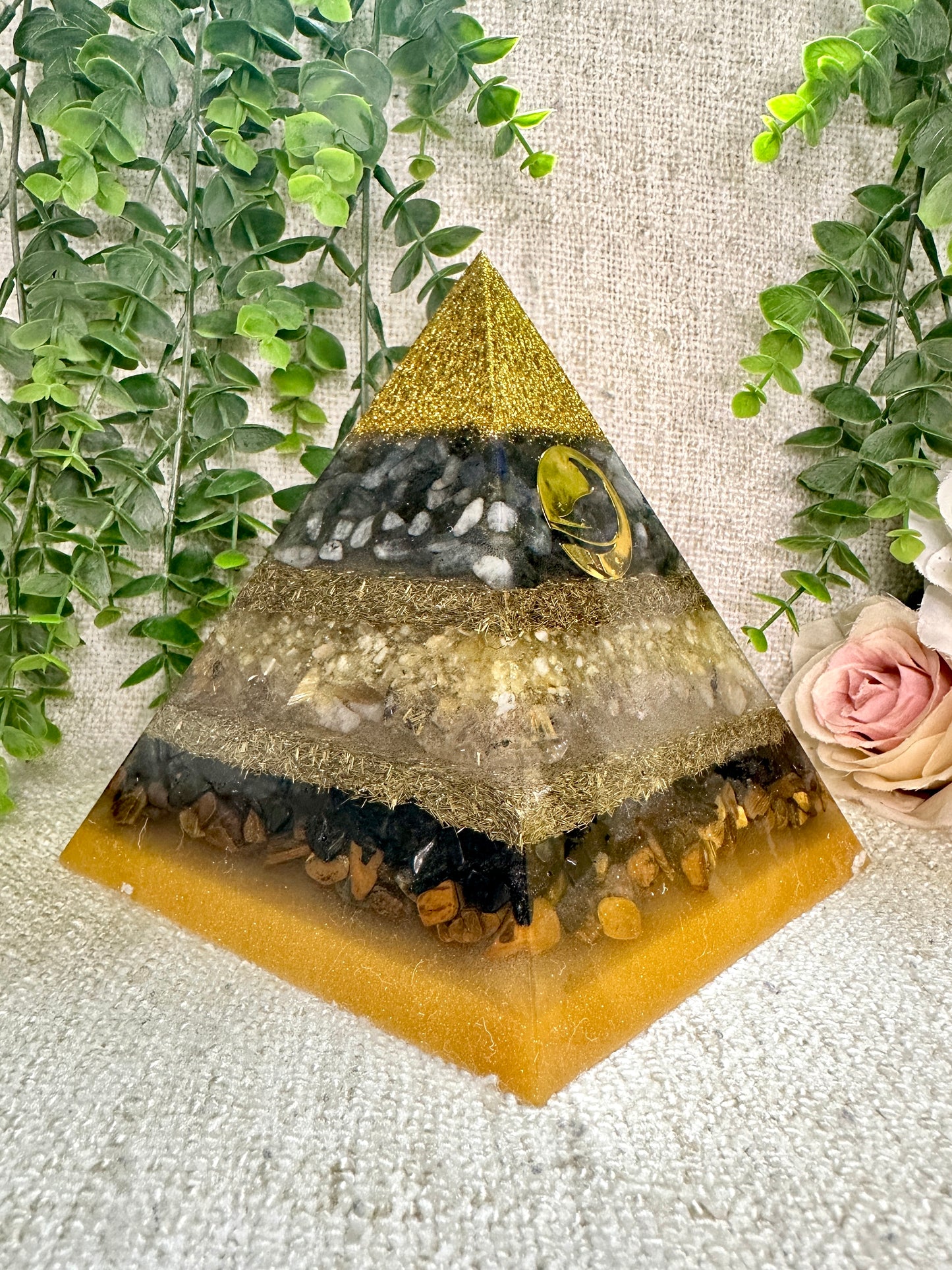 SENDING RAVENS Special Edition Pyramid! - Orgonite Pyramid - EMF Protector - Labradorite, Citrine, Rutilated Quartz, Shungite, Tiger's Eye with Brass and Golden Brass Metals.