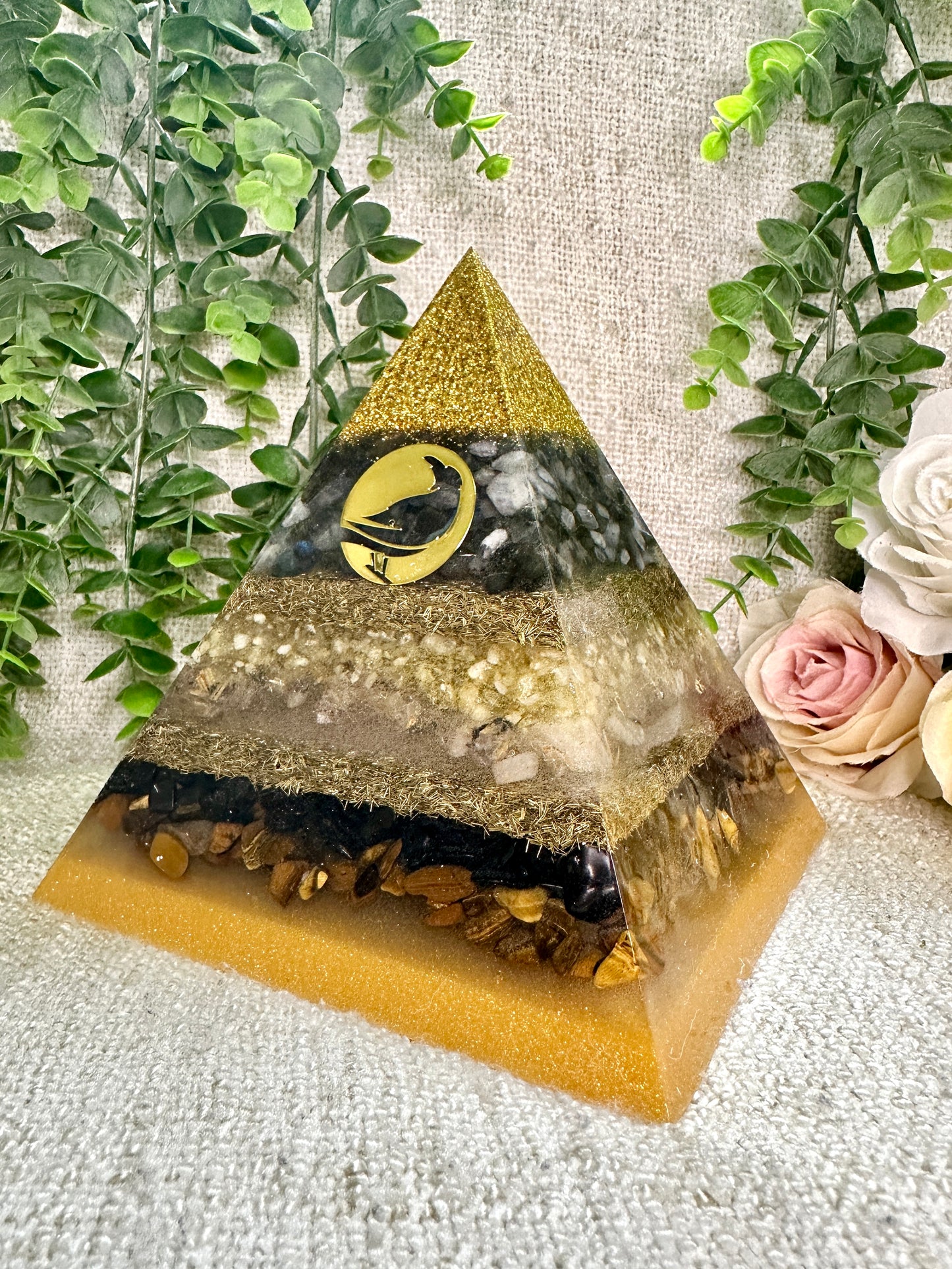 SENDING RAVENS Special Edition Pyramid! - Orgonite Pyramid - EMF Protector - Labradorite, Citrine, Rutilated Quartz, Shungite, Tiger's Eye with Brass and Golden Brass Metals.