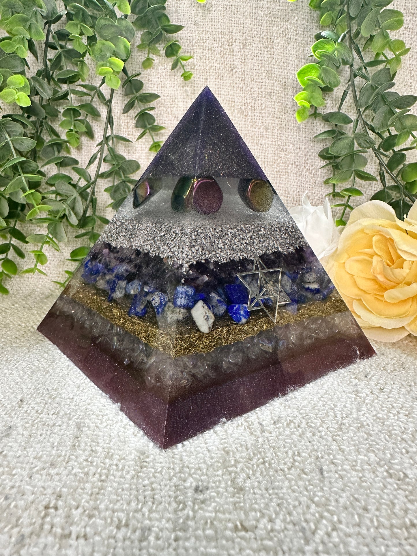 STELLA - Orgonite Pyramid - EMF Protector - Rainbow Hematite, Amethyst, Lapis Lazuli, Aura Quartz with Aluminum and Brass Metals