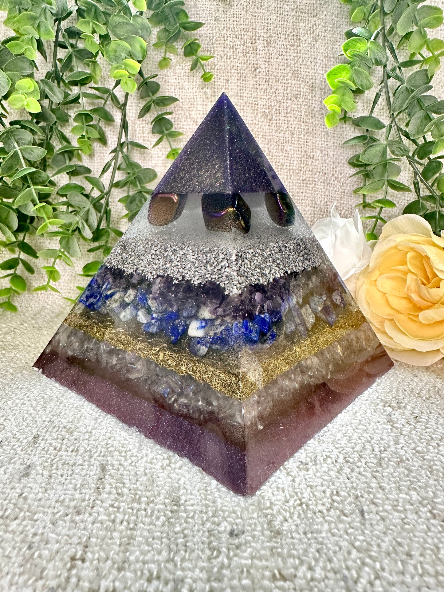STELLA - Orgonite Pyramid - EMF Protector - Rainbow Hematite, Amethyst, Lapis Lazuli, Aura Quartz with Aluminum and Brass Metals