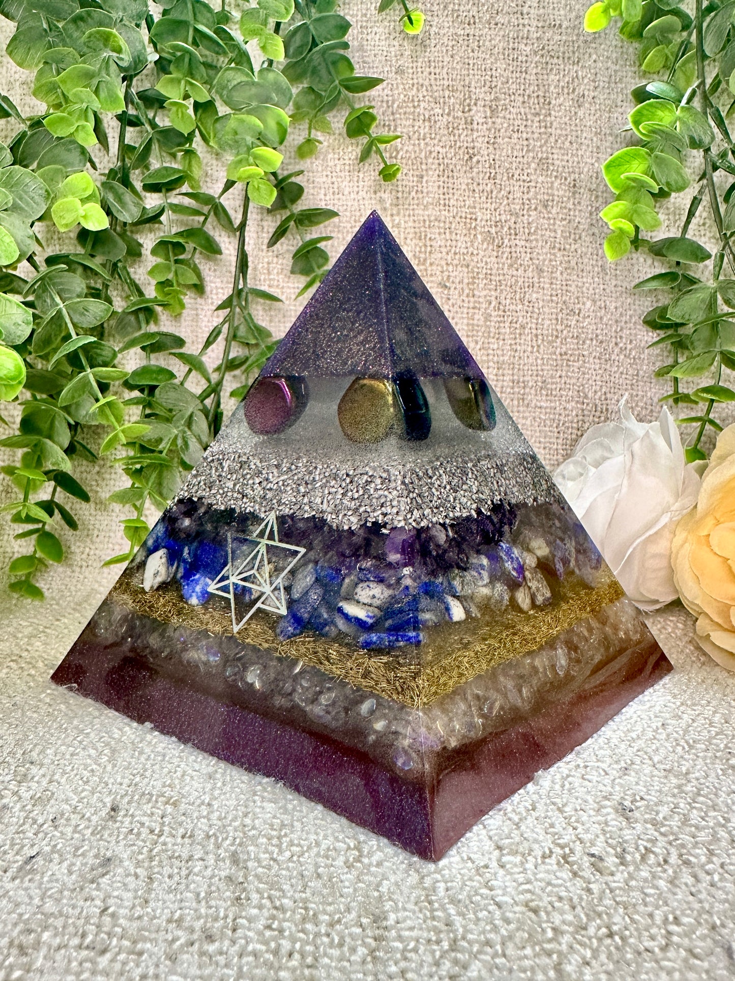 STELLA - Orgonite Pyramid - EMF Protector - Rainbow Hematite, Amethyst, Lapis Lazuli, Aura Quartz with Aluminum and Brass Metals