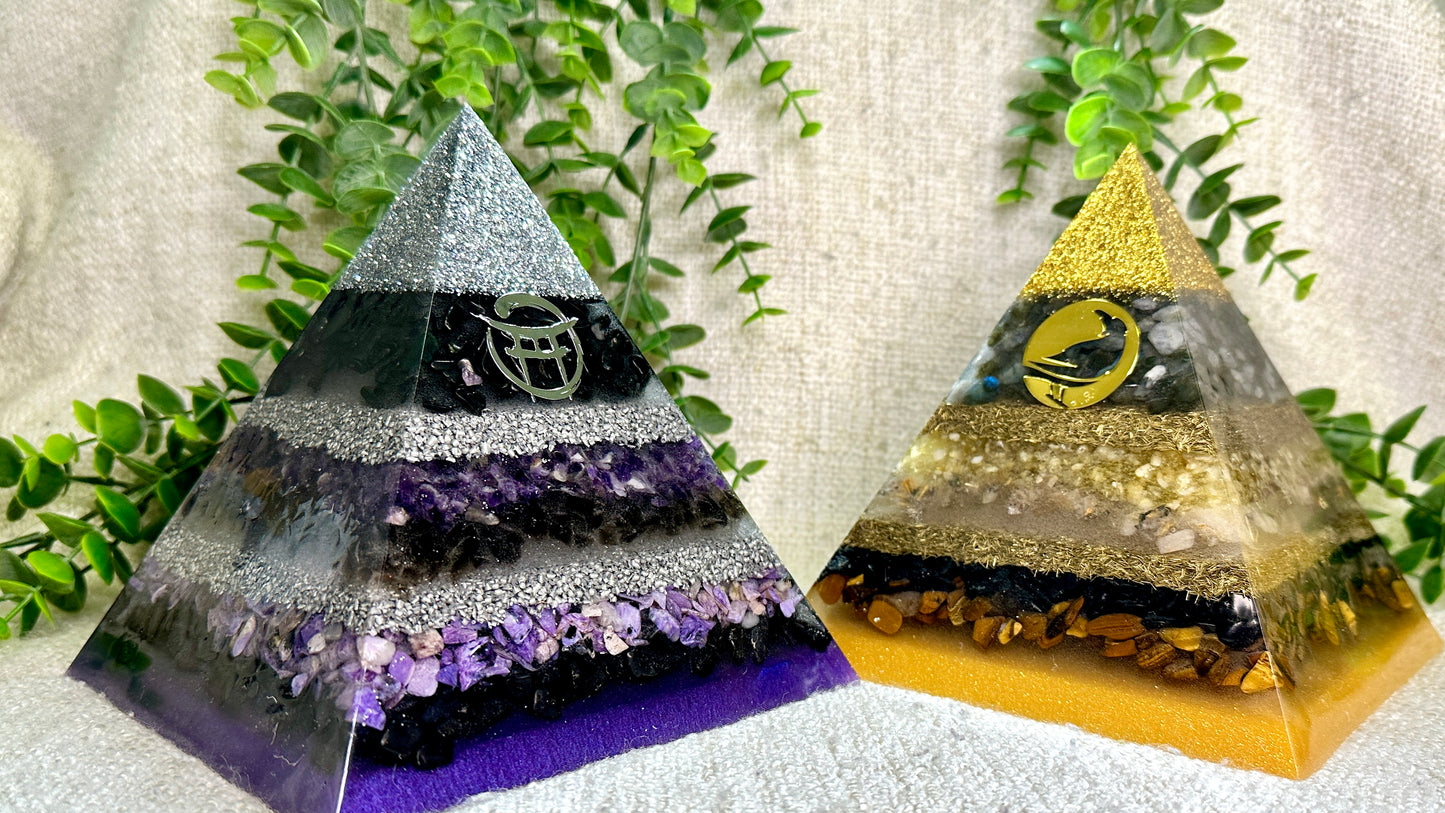 BEYOND MYSTIC Special Edition Pyramid! - Orgonite Pyramid - EMF Protector - Shungite, Amethyst, Smoky Quartz, Charoite with Aluminum and White Brass Metals.